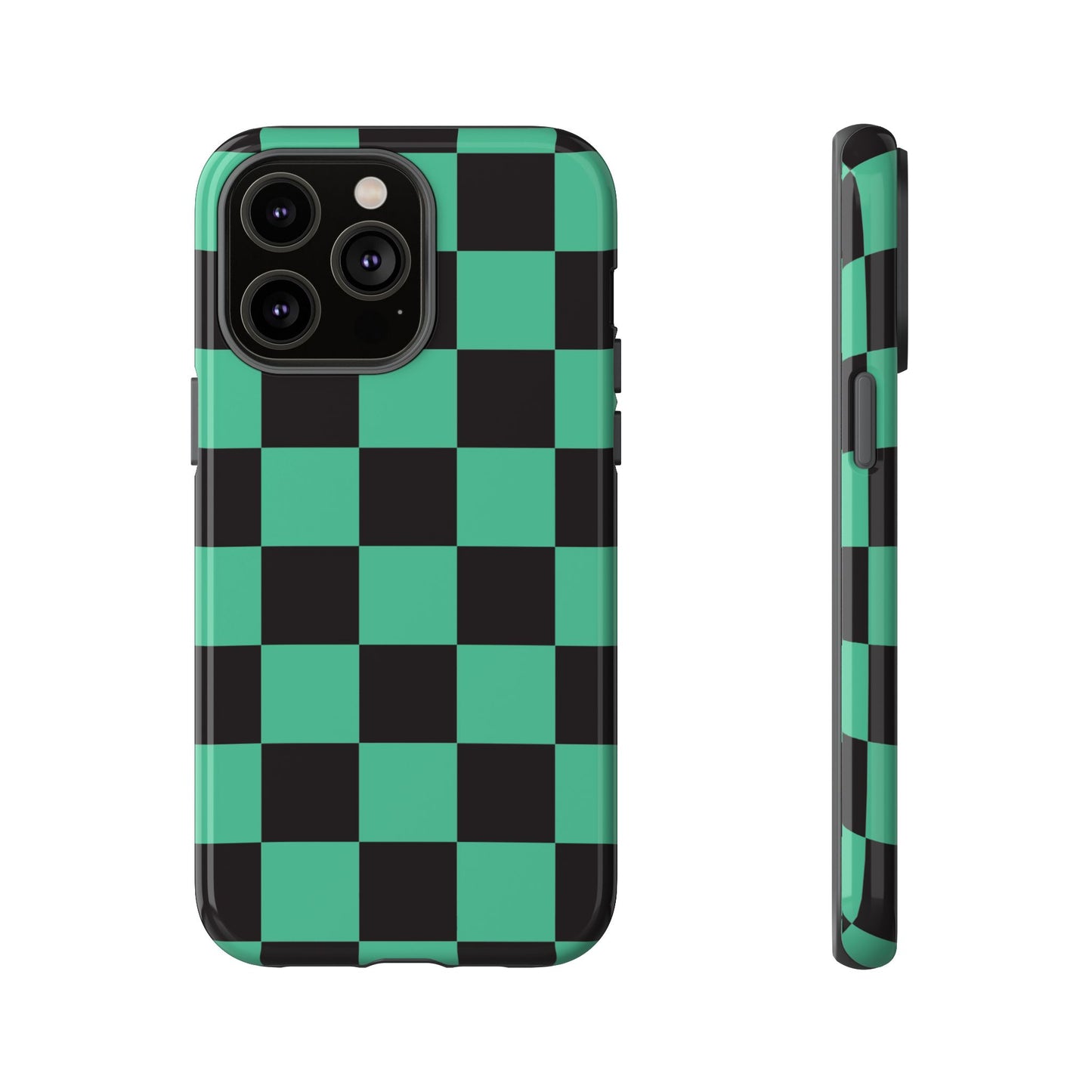 Tanjiro Checkerboard Tough Phone Case – Green & Black Protective Cover
