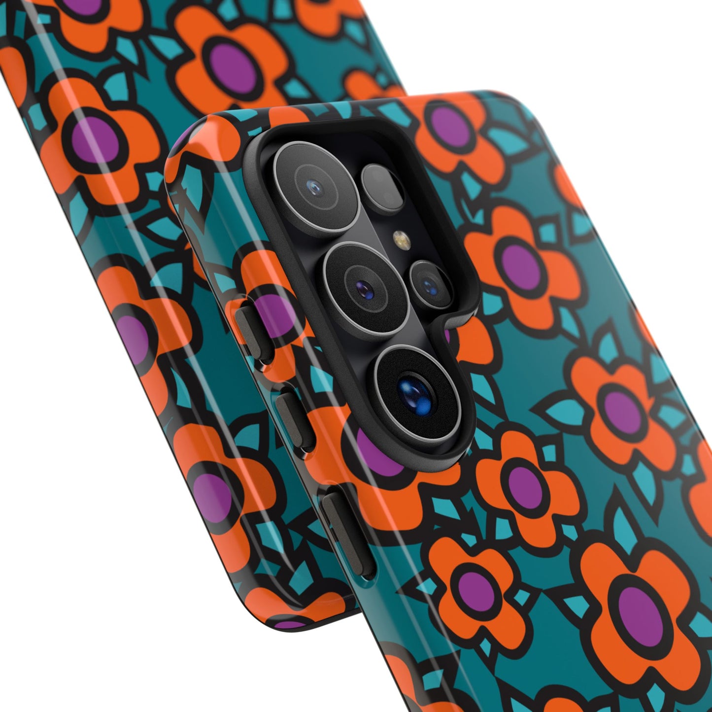 Floral Pop Tough Phone Case — Retro Orange & Teal Flower Pattern