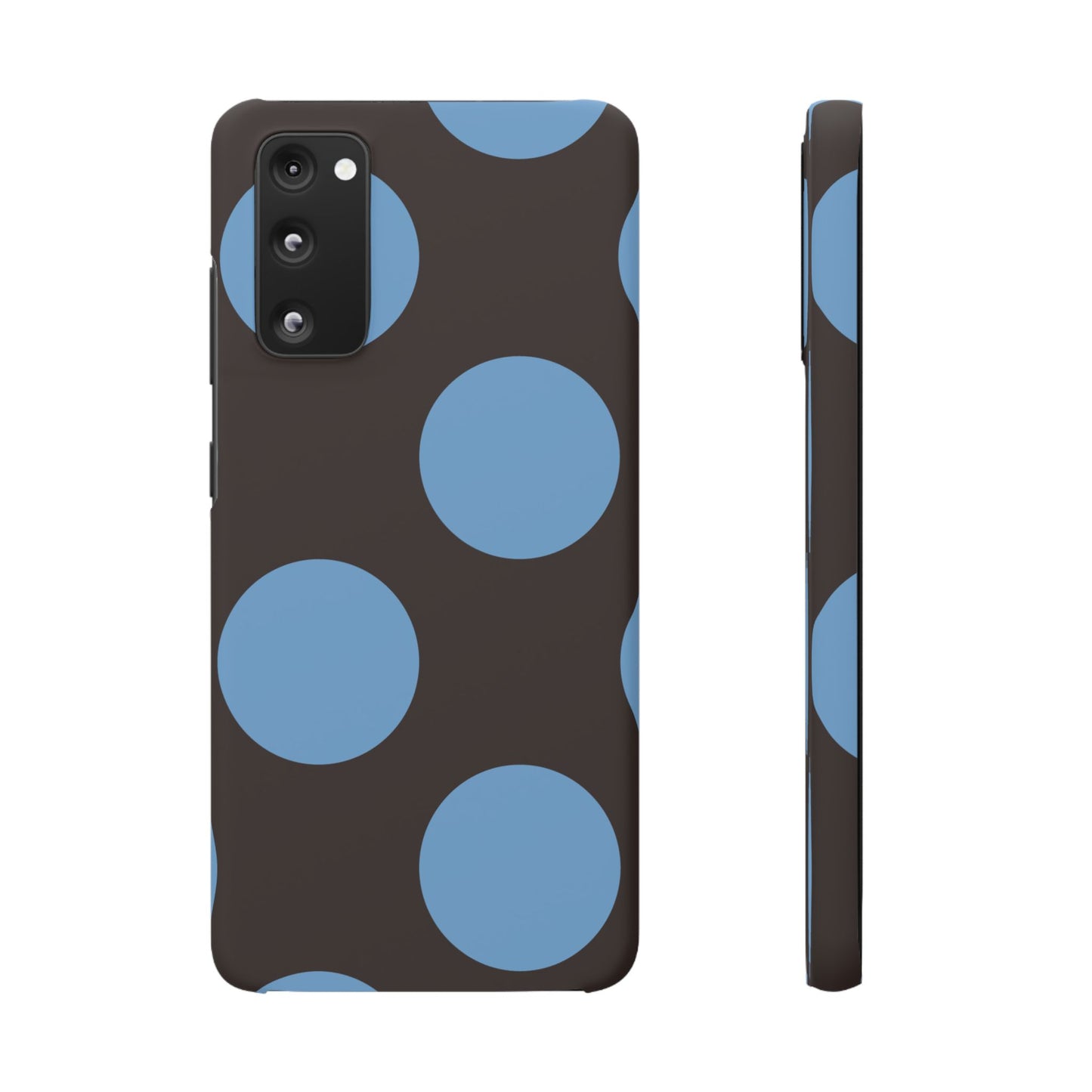 Matte Black with Large Sky Blue Polka Dots Slim Phone Case for Apple iPhone, Samsung Galaxy and Google Pixel.
