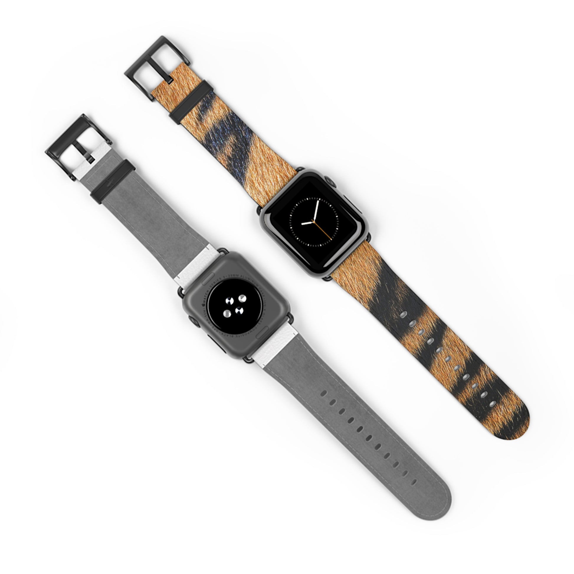 Tiger fur Apple Watch band with faux-leather strap, matte buckle, big cat pattern, stylish gift for him or her