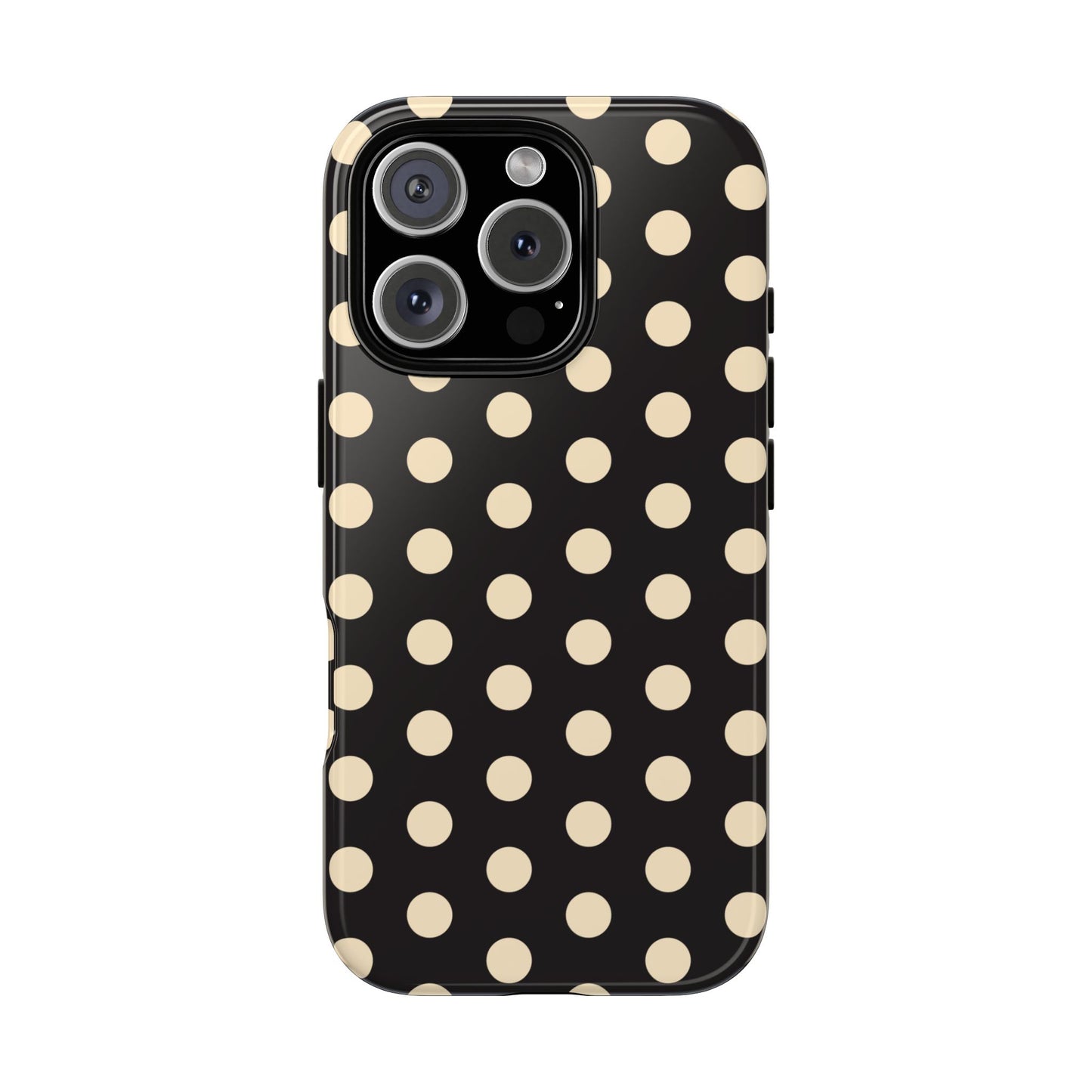 Polka Dot Tough Phone Case — Black with Cream Dots, Protective Slim Phone Cover