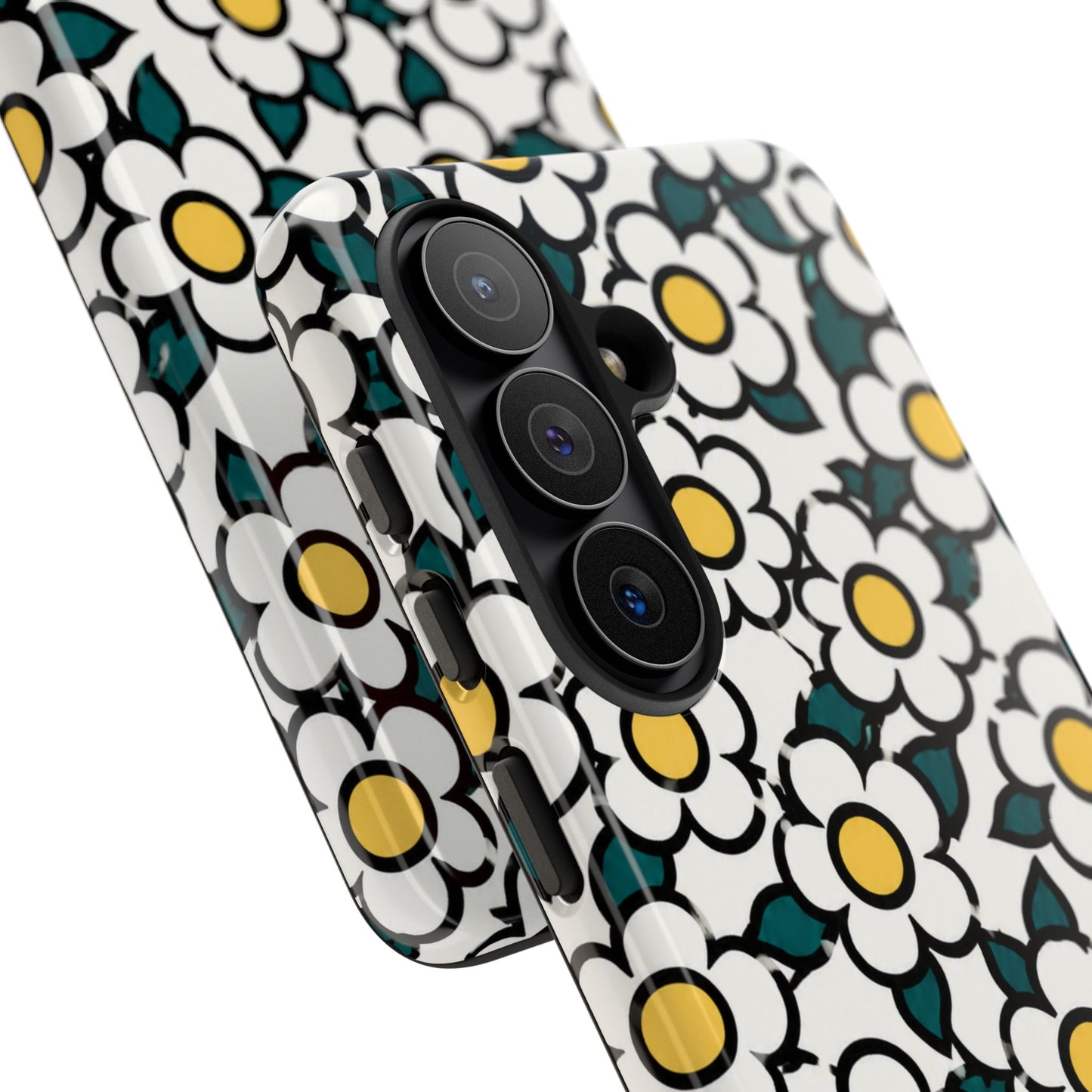 Floral Daisy Tough Phone Case — Retro White & Yellow Protective Cover