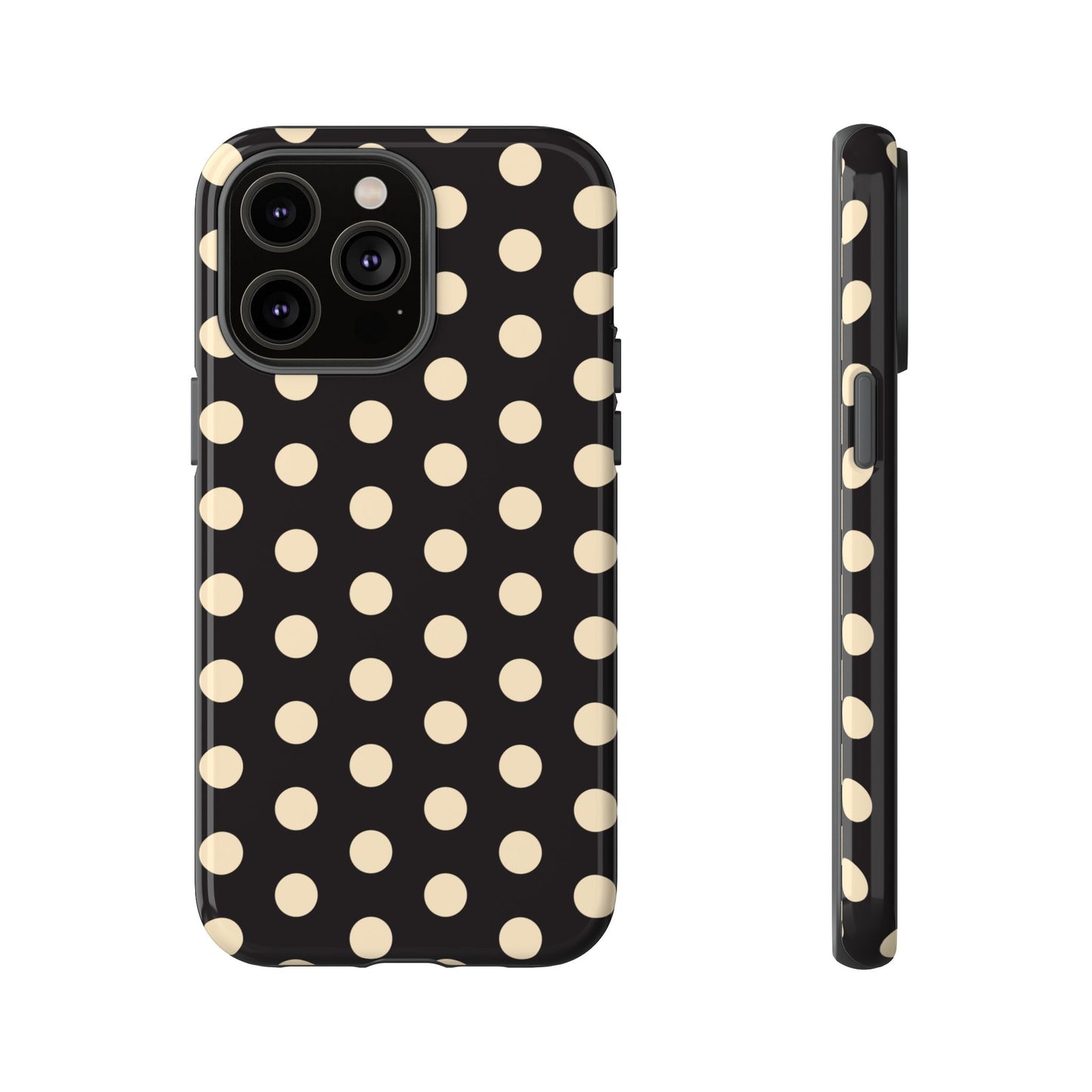Polka Dot Tough Phone Case — Black with Cream Dots, Protective Slim Phone Cover