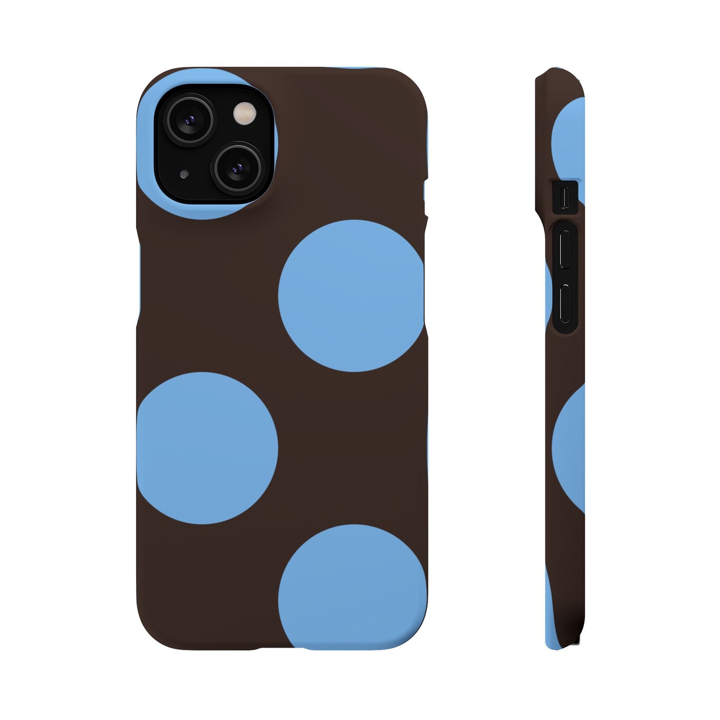 Matte Black with Large Sky Blue Polka Dots Slim Phone Case for Apple iPhone, Samsung Galaxy and Google Pixel.