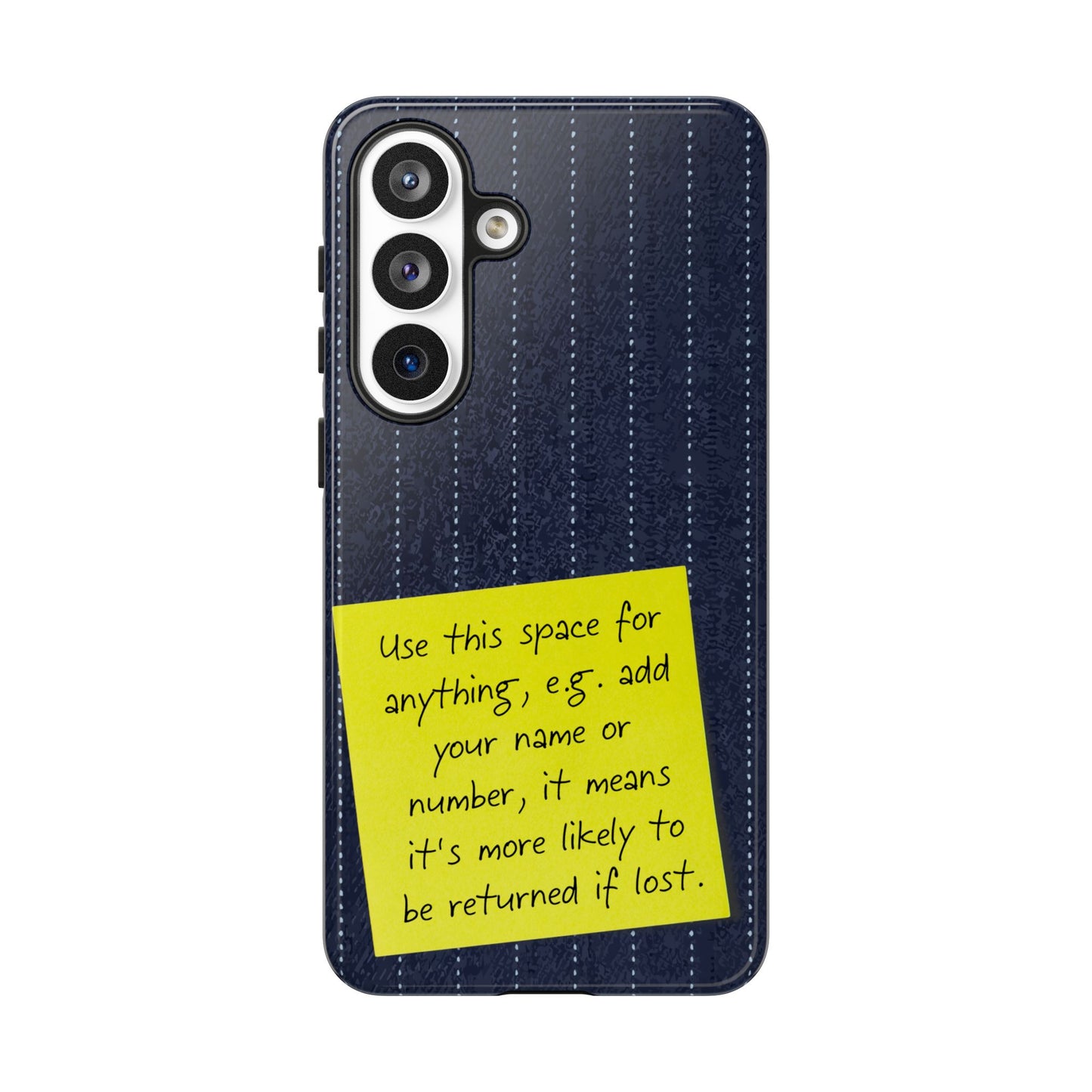 Navy Pinstripe Design with Yellow Sticky Note Personalised Tough Phone Case for Apple iPhone, Samsung Galaxy and Google Pixel.