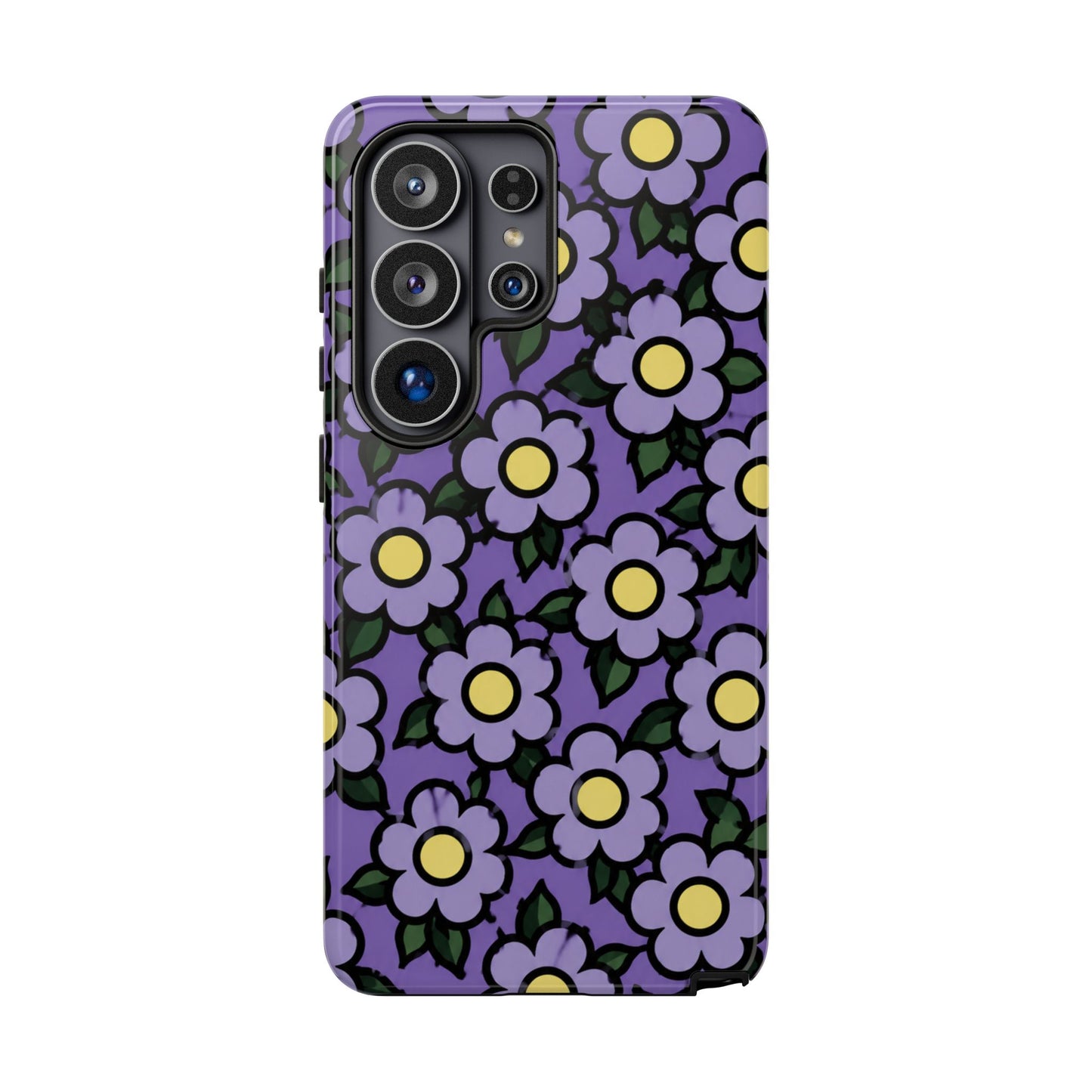 Purple Floral Tough Phone Case — Durable Protective Phone Cover with Cute Daisy Pattern