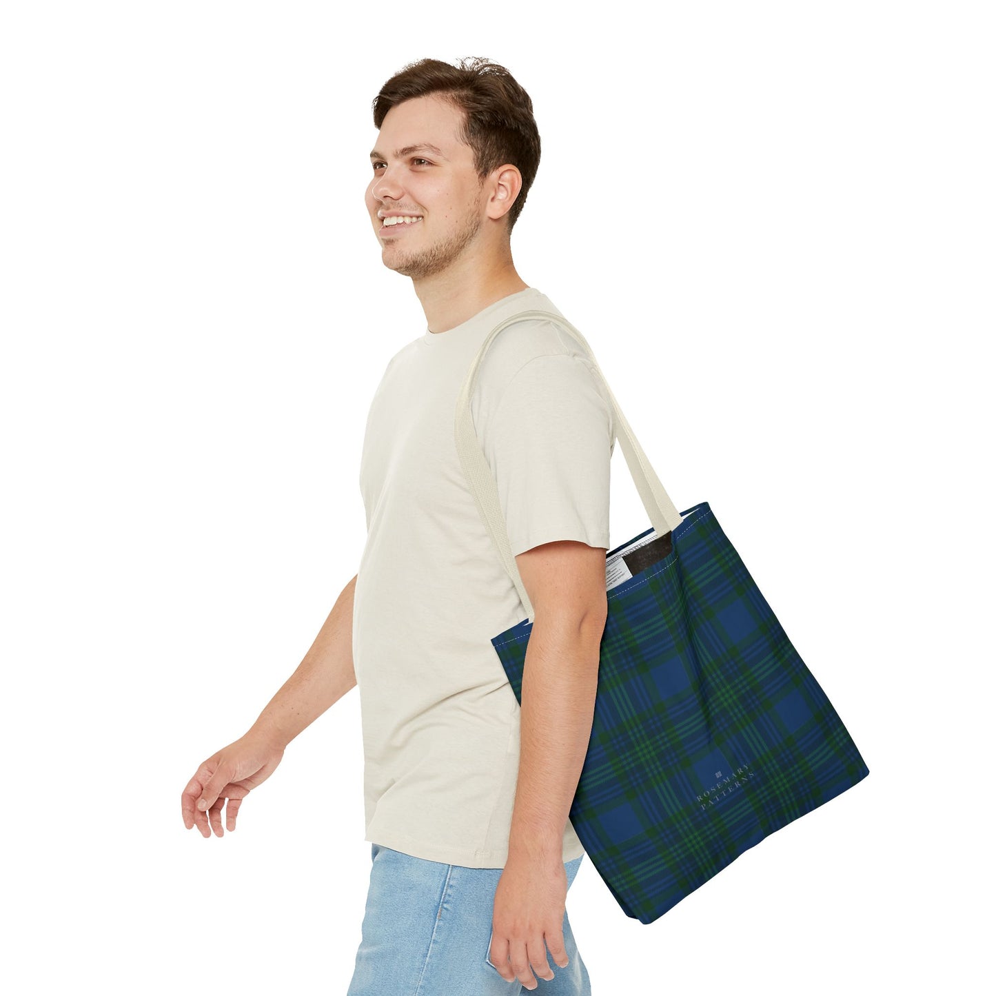 Tartan plaid tote bag in blue and green, eco friendly reusable market tote with Scottish pattern, cotton handles