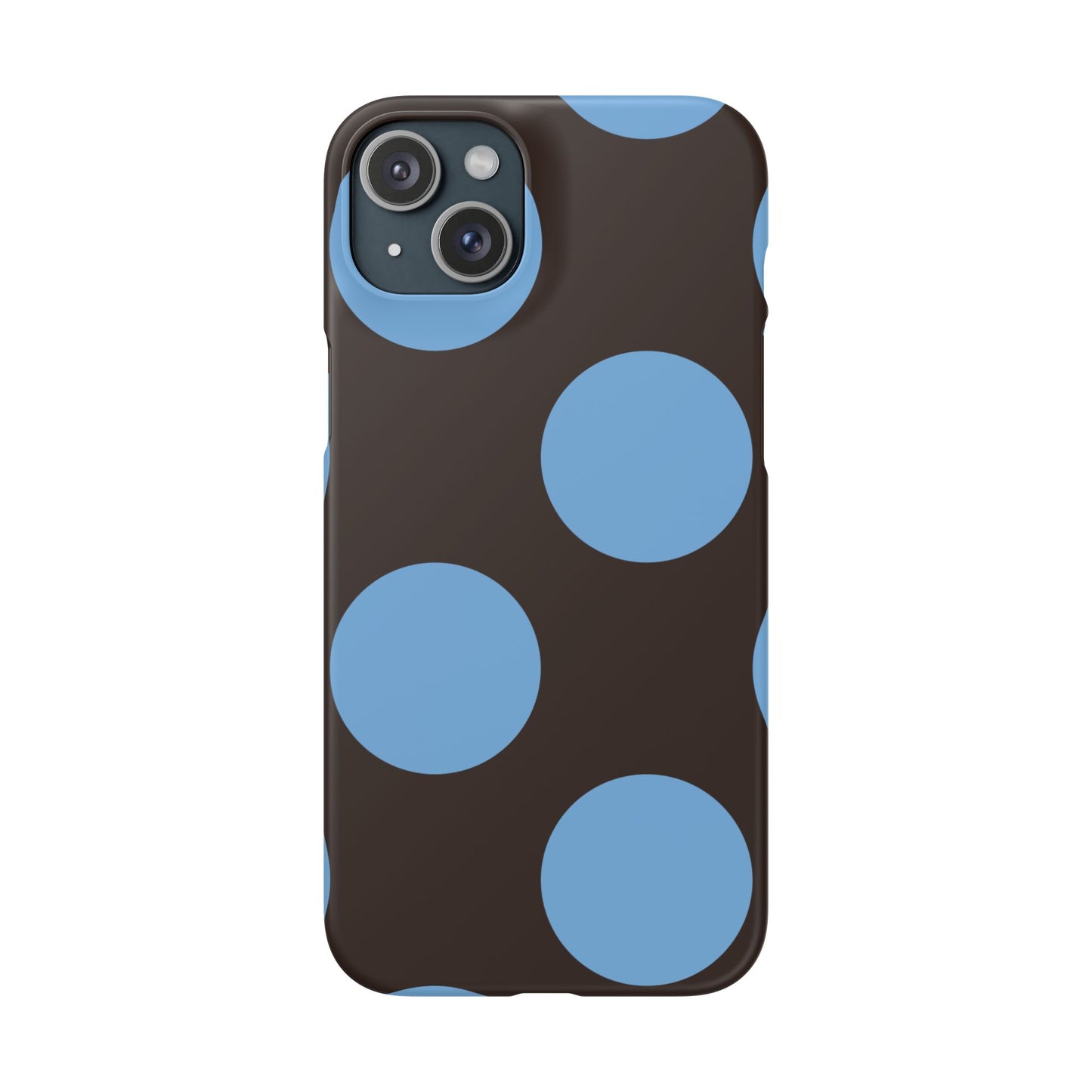Matte Black with Large Sky Blue Polka Dots Slim Phone Case for Apple iPhone, Samsung Galaxy and Google Pixel.