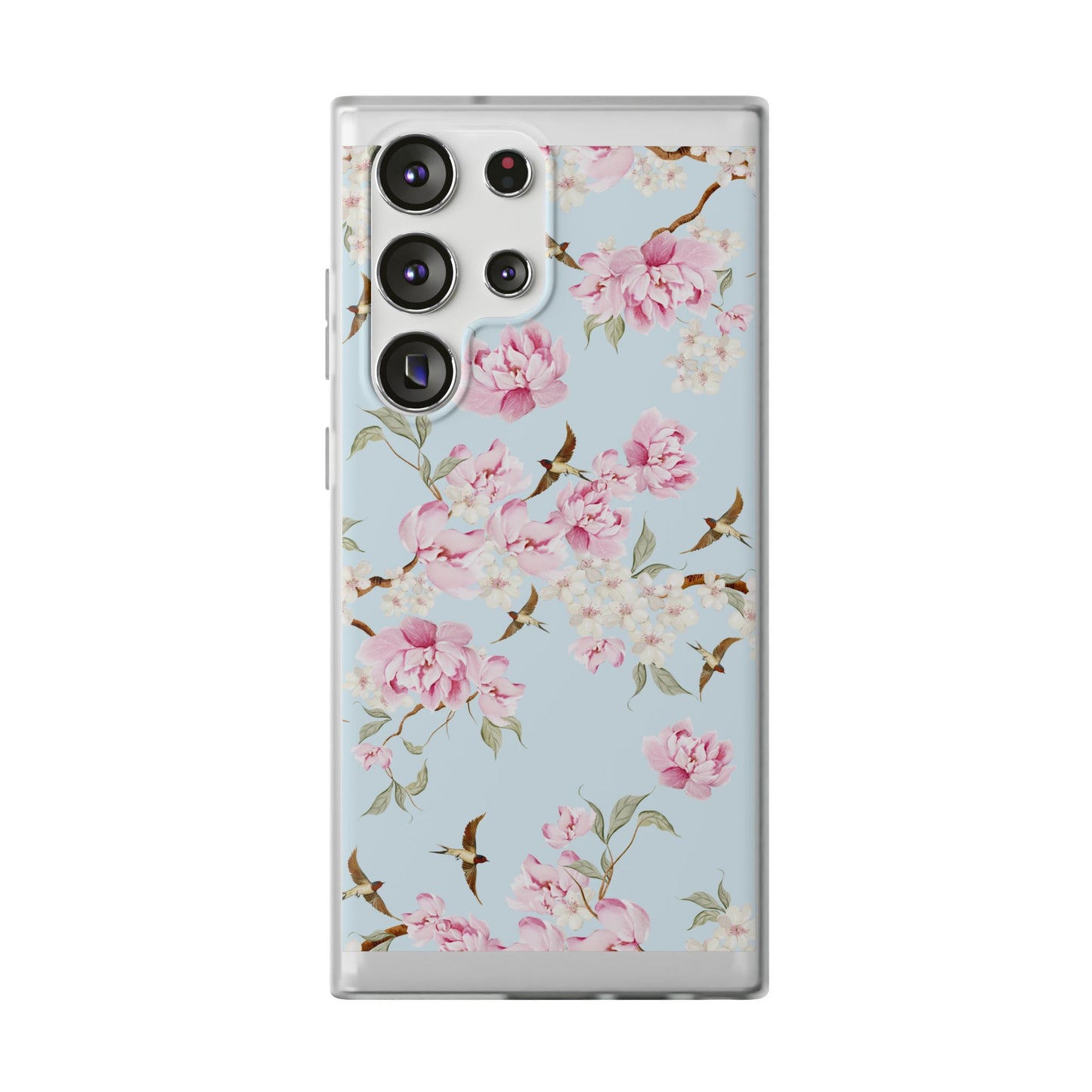 Floral Cherry Blossom Flexi Phone Case - Pink Blossoms on Sky Blue Flexible Case for Apple iPhone, Samsung Galaxy.