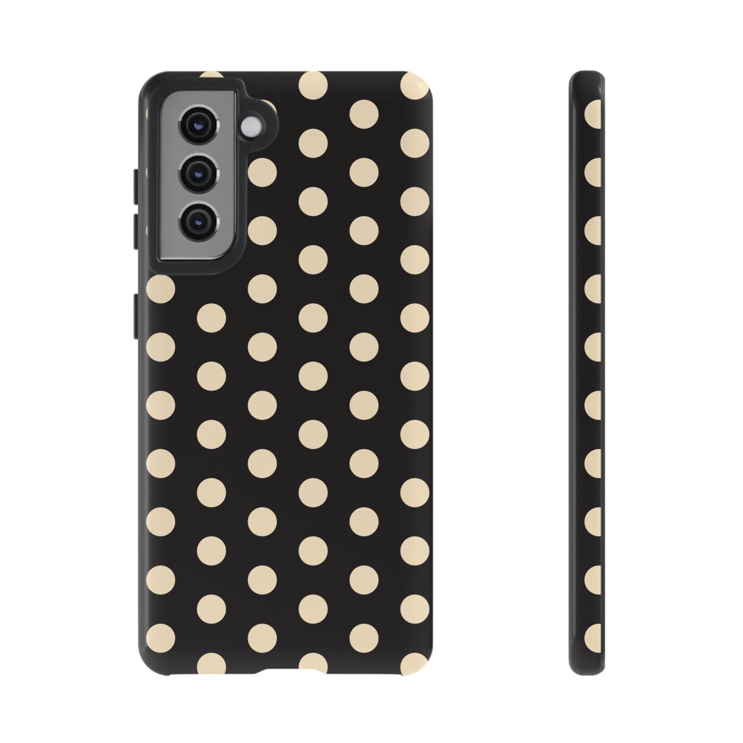 Polka Dot Tough Phone Case — Black with Cream Dots, Protective Slim Phone Cover
