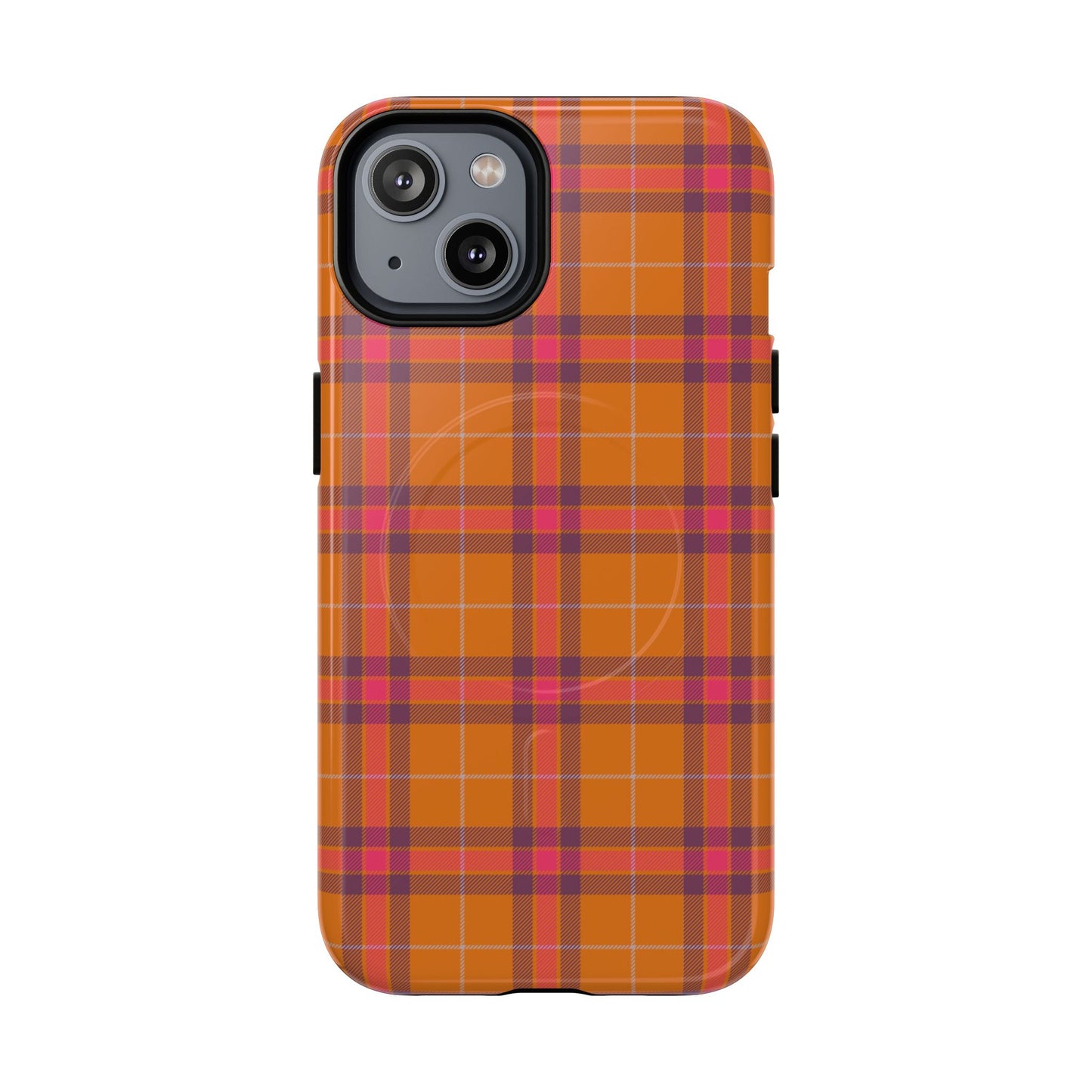 Tartan Magnetic Phone Case — Orange and Red Plaid Tough Protective MagSafe Case