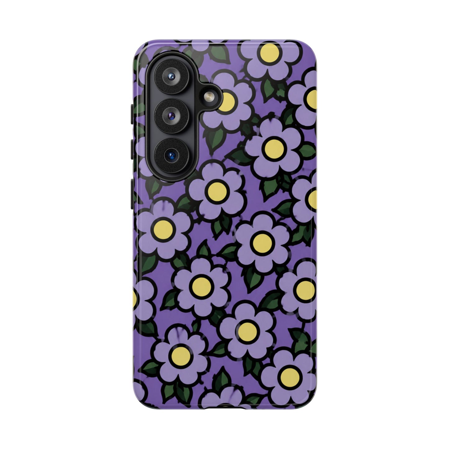 Purple Floral Tough Phone Case — Durable Protective Phone Cover with Cute Daisy Pattern