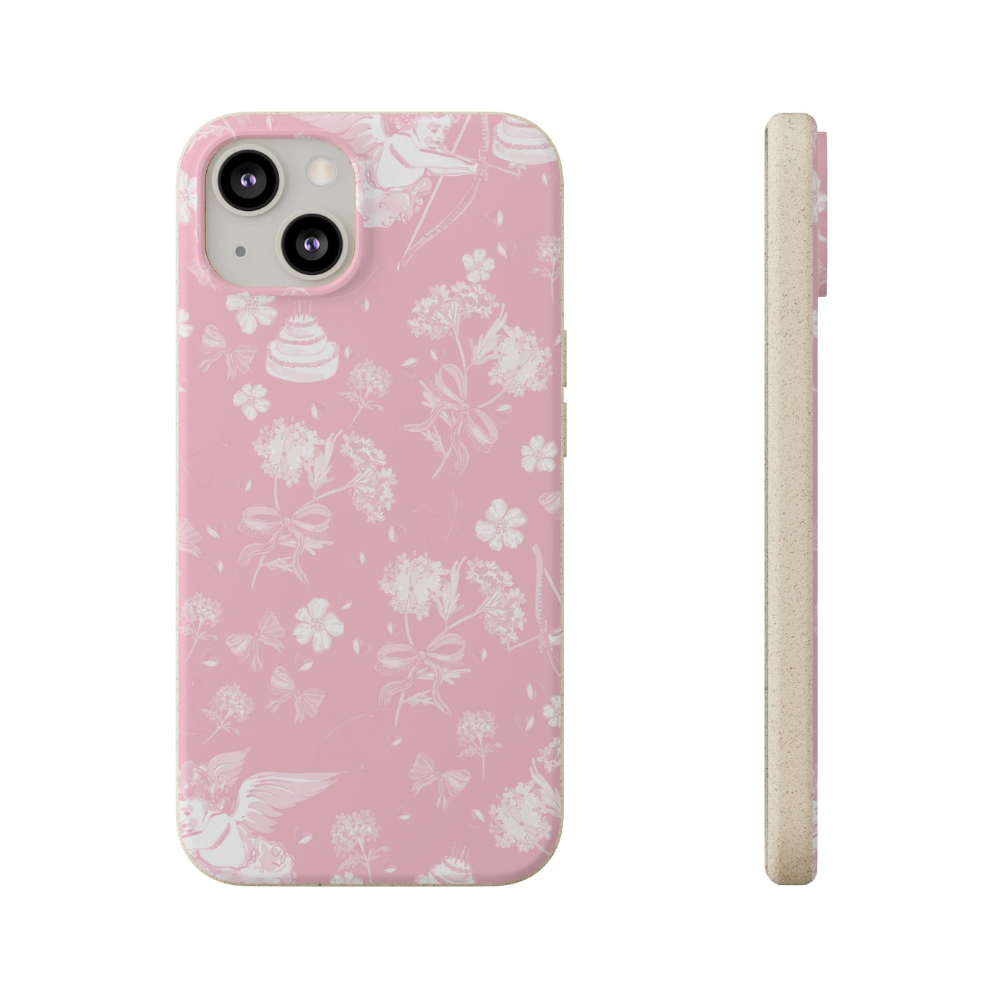 Pink Floral Cherub Biodegradable Phone Case for Apple iPhone and Samsung Galaxy.