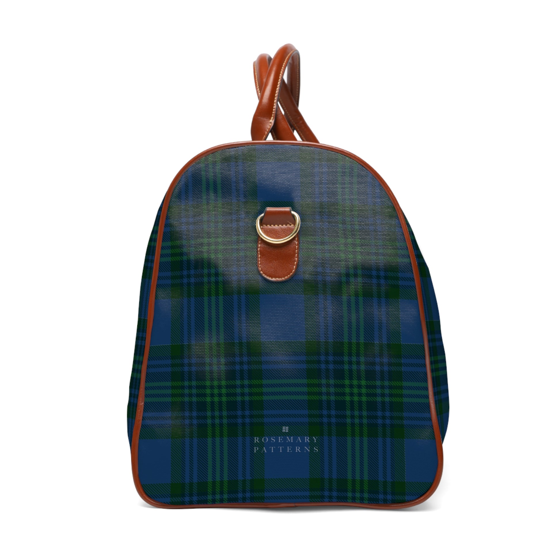 Tartan weekender bag with brown leather handles, waterproof duffel, perfect as a stylish airport carryon