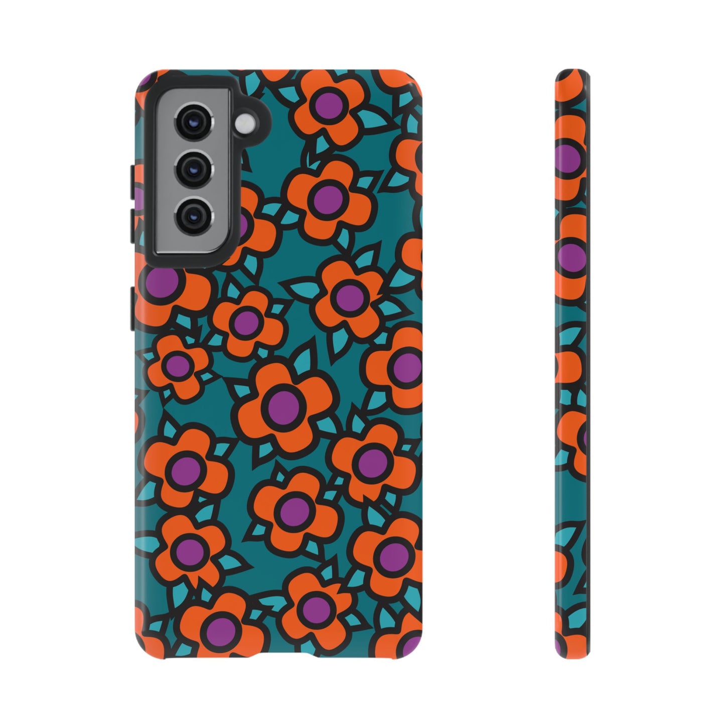 Floral Pop Tough Phone Case — Retro Orange & Teal Flower Pattern