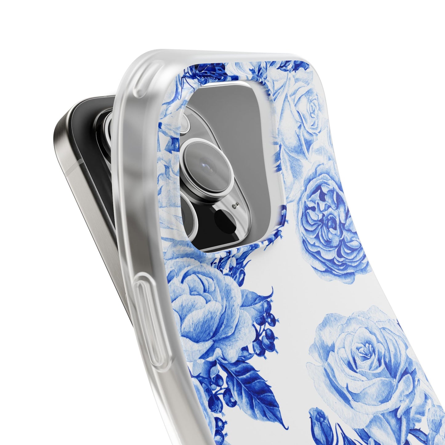 Blue Floral Phone Case — Hand-Painted Rose Pattern Flexi Case for Apple iPhone, Samsung Galaxy and Google Pixel.