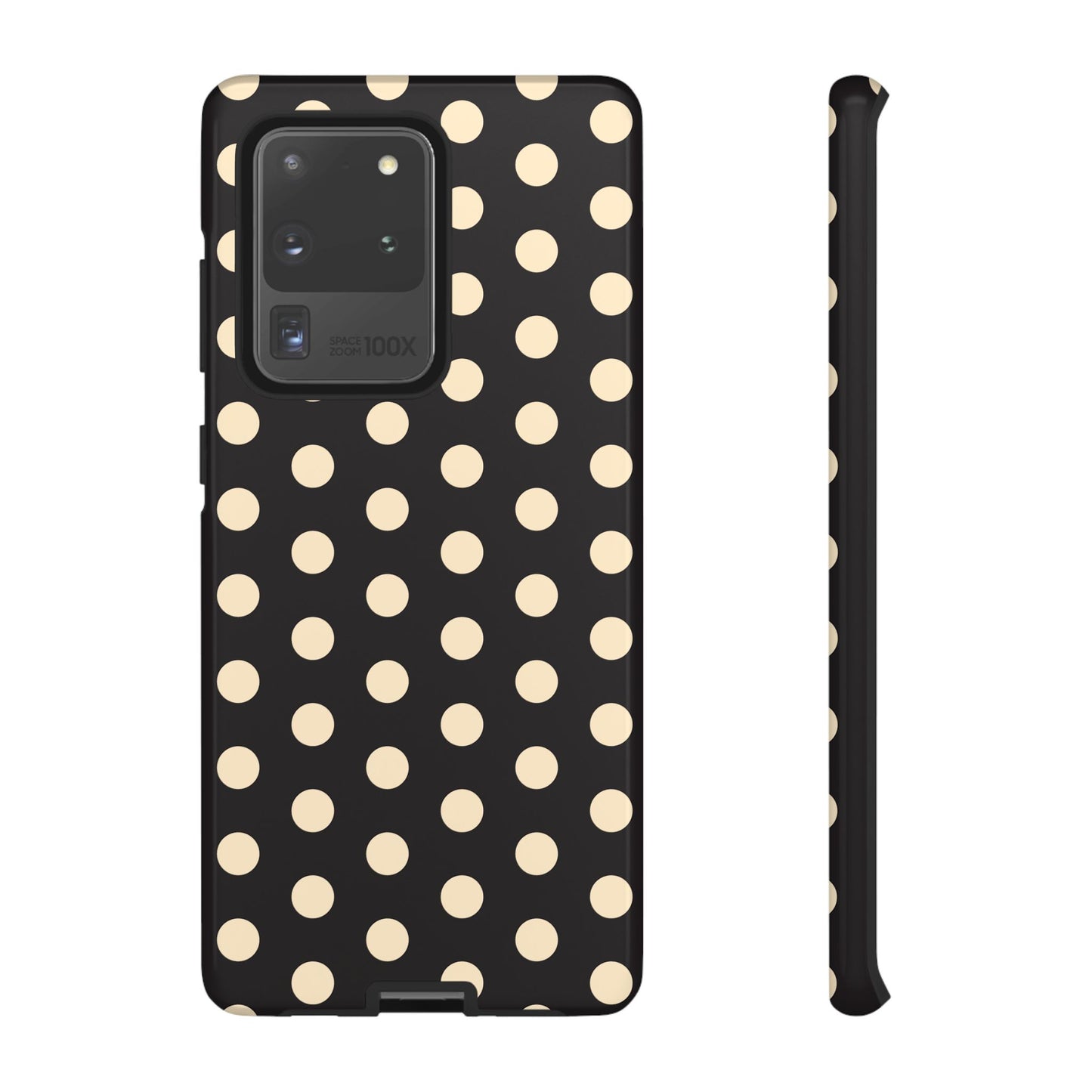 Polka Dot Tough Phone Case — Black with Cream Dots, Protective Slim Phone Cover