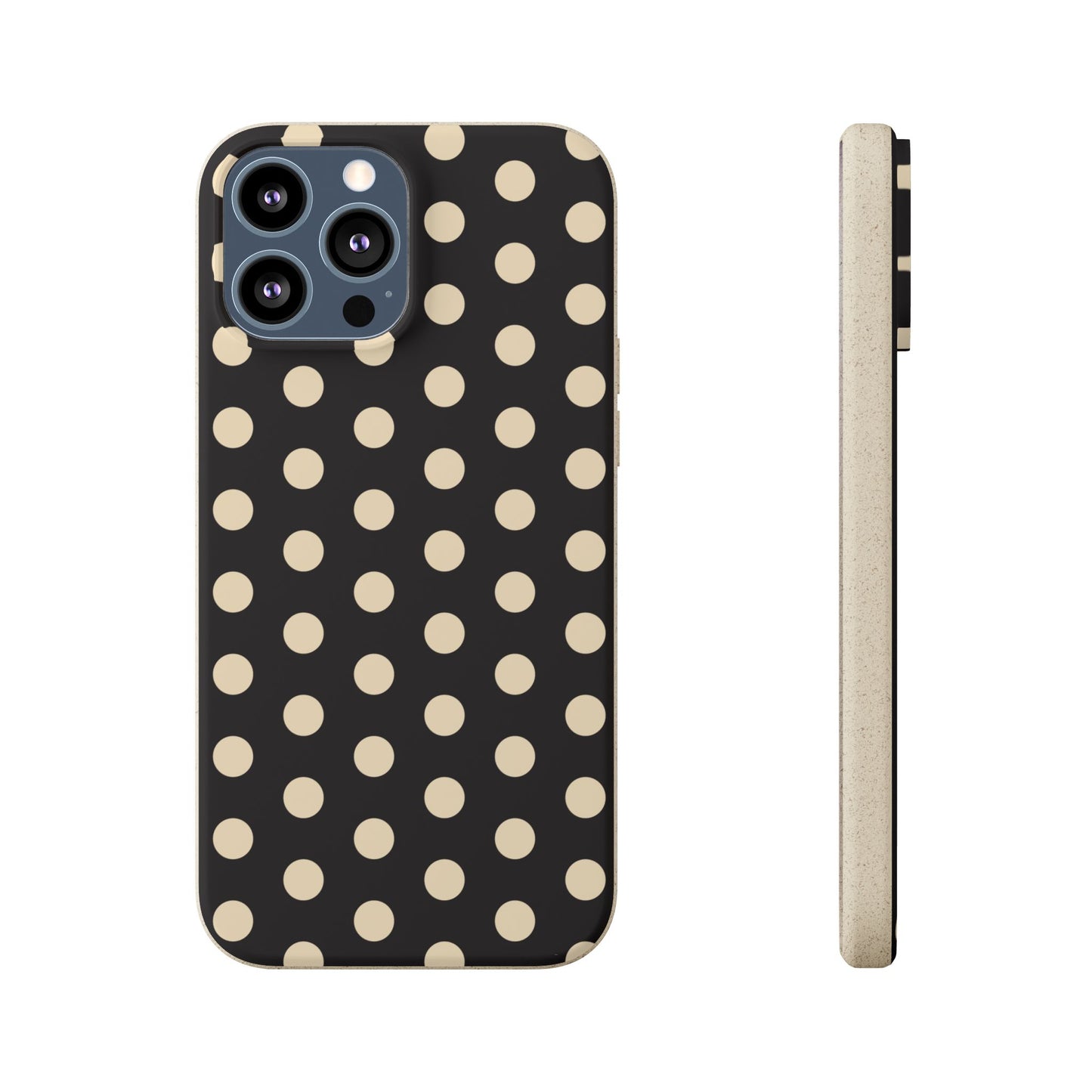 Eco-Friendly Black & Cream Polka Dot Pattern Biodegradable Phone Case for Apple iPhone and Samsung Galaxy.