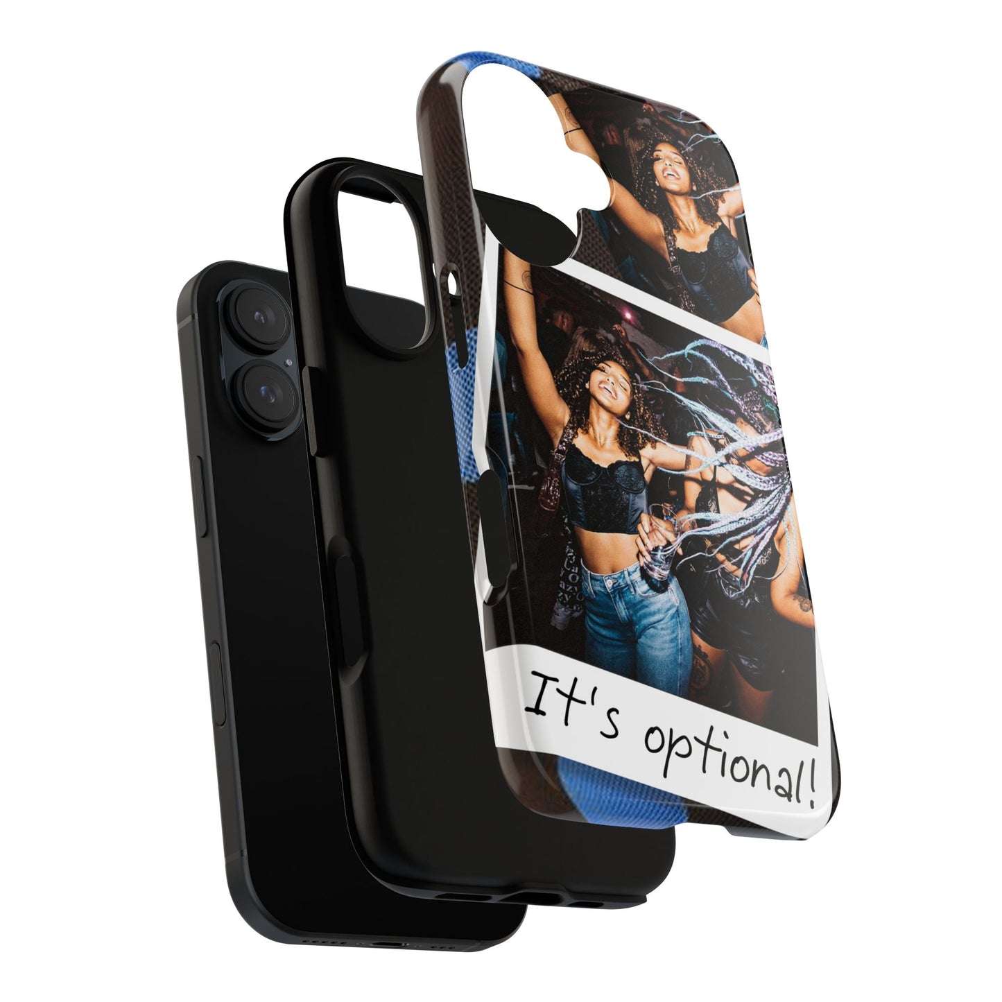 Two Image Personalised Polaroid Photo on Blue Polka Dot Protective Tough Case for Apple iPhone, Samsung Galaxy and Google Pixel.