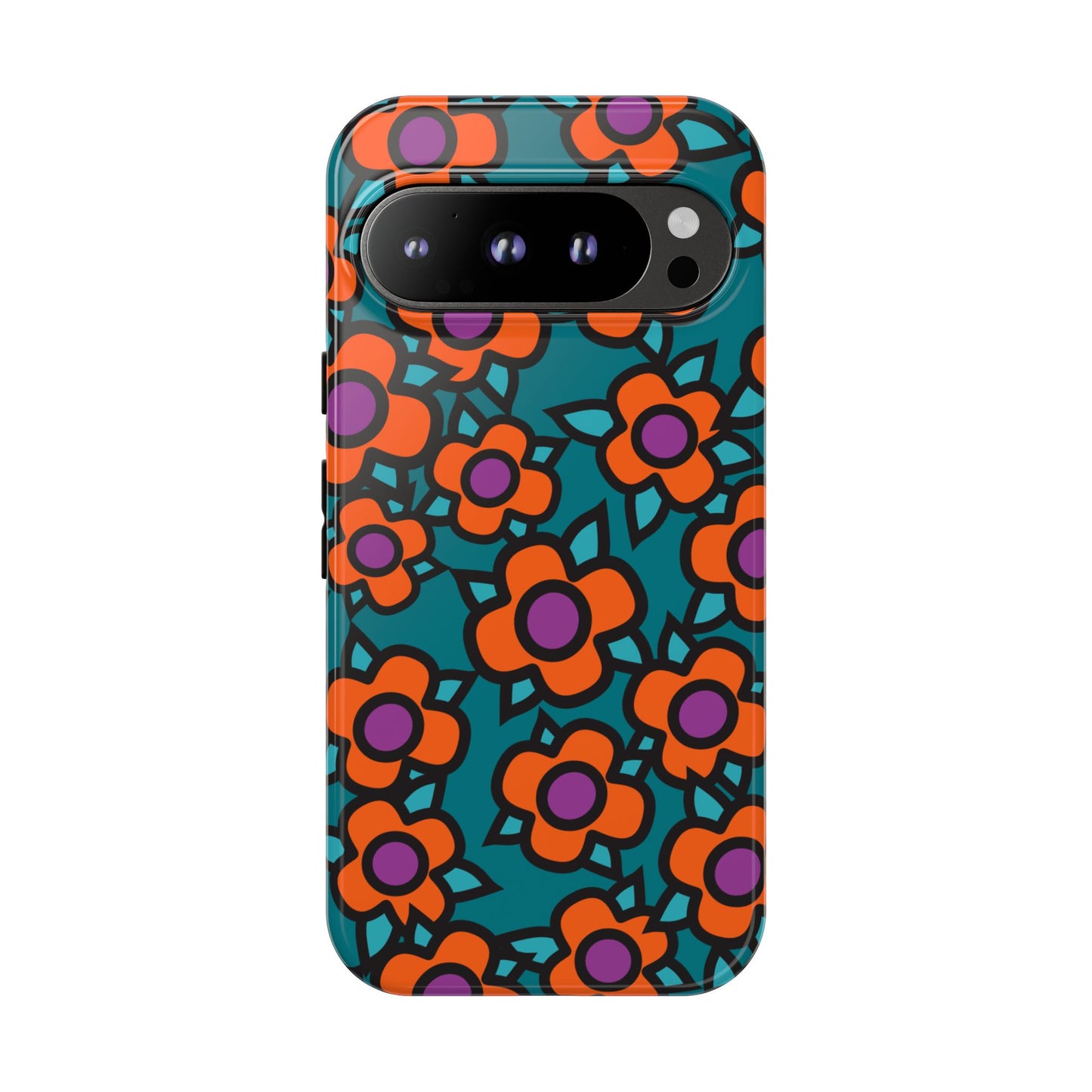 Floral Pop Tough Phone Case — Retro Orange & Teal Flower Pattern