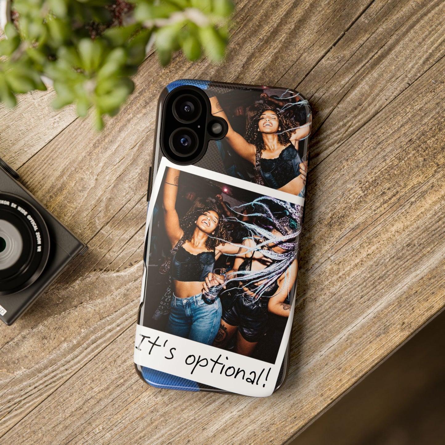 Two Image Personalised Polaroid Photo on Blue Polka Dot Protective Tough Case for Apple iPhone, Samsung Galaxy and Google Pixel.