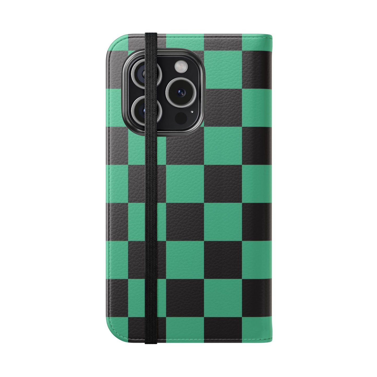 Tanjiro Chequered Flip Phone Case — Black and Green Chequered Wallet Cover