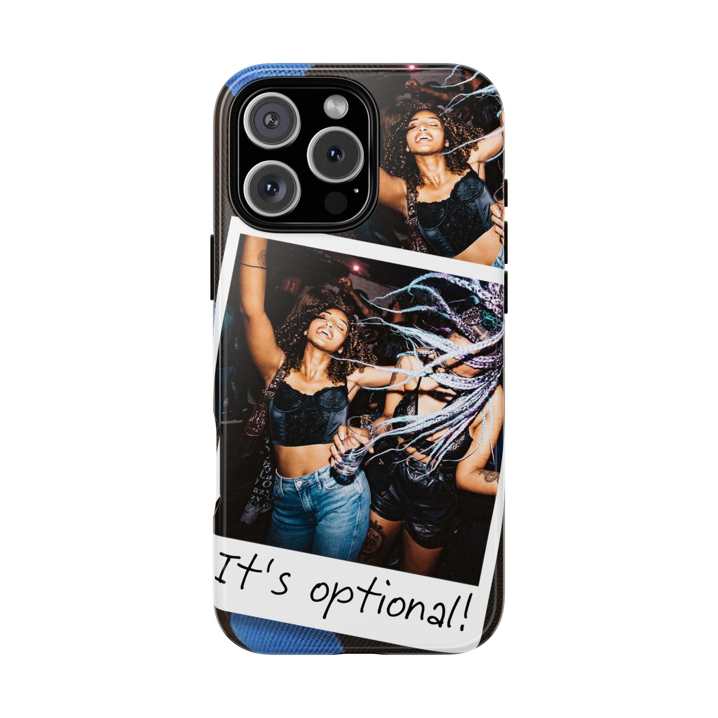 Two Image Personalised Polaroid Photo on Blue Polka Dot Protective Tough Case for Apple iPhone, Samsung Galaxy and Google Pixel.