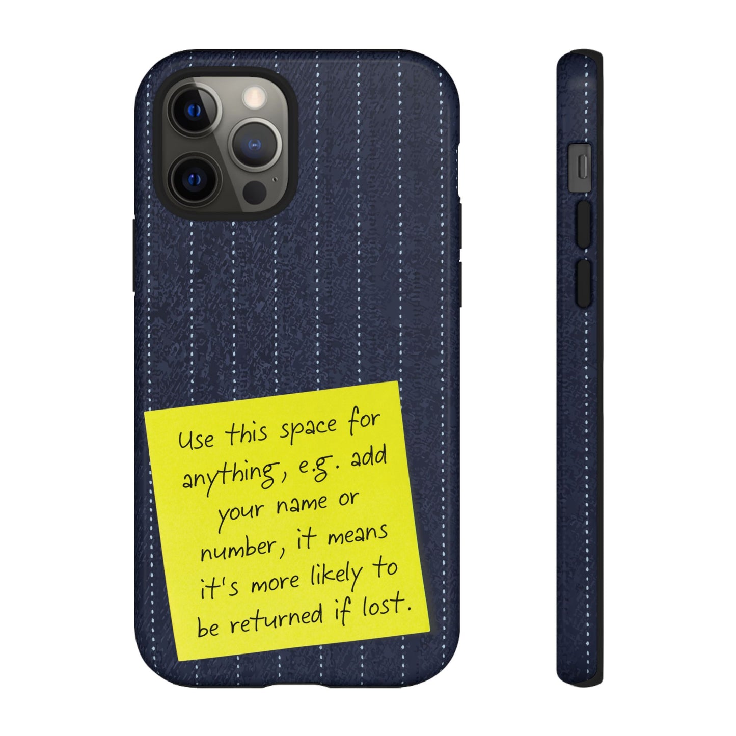 Navy Pinstripe Design with Yellow Sticky Note Personalised Tough Phone Case for Apple iPhone, Samsung Galaxy and Google Pixel.
