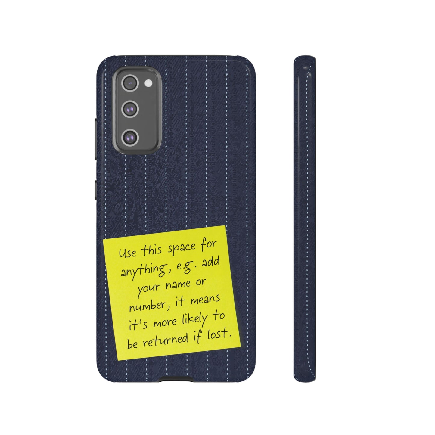 Navy Pinstripe Design with Yellow Sticky Note Personalised Tough Phone Case for Apple iPhone, Samsung Galaxy and Google Pixel.