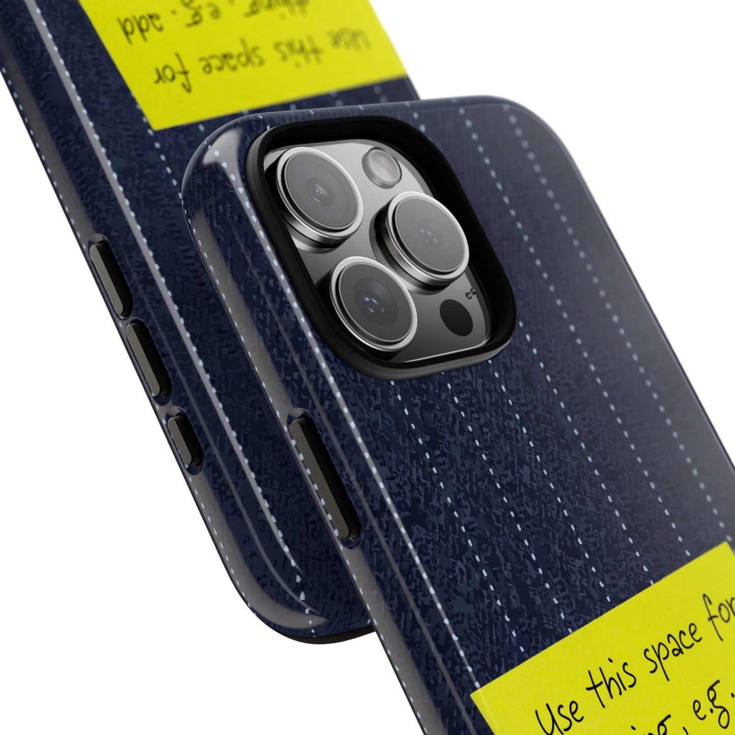 Navy Pinstripe Design with Yellow Sticky Note Personalised Tough Phone Case for Apple iPhone, Samsung Galaxy and Google Pixel.