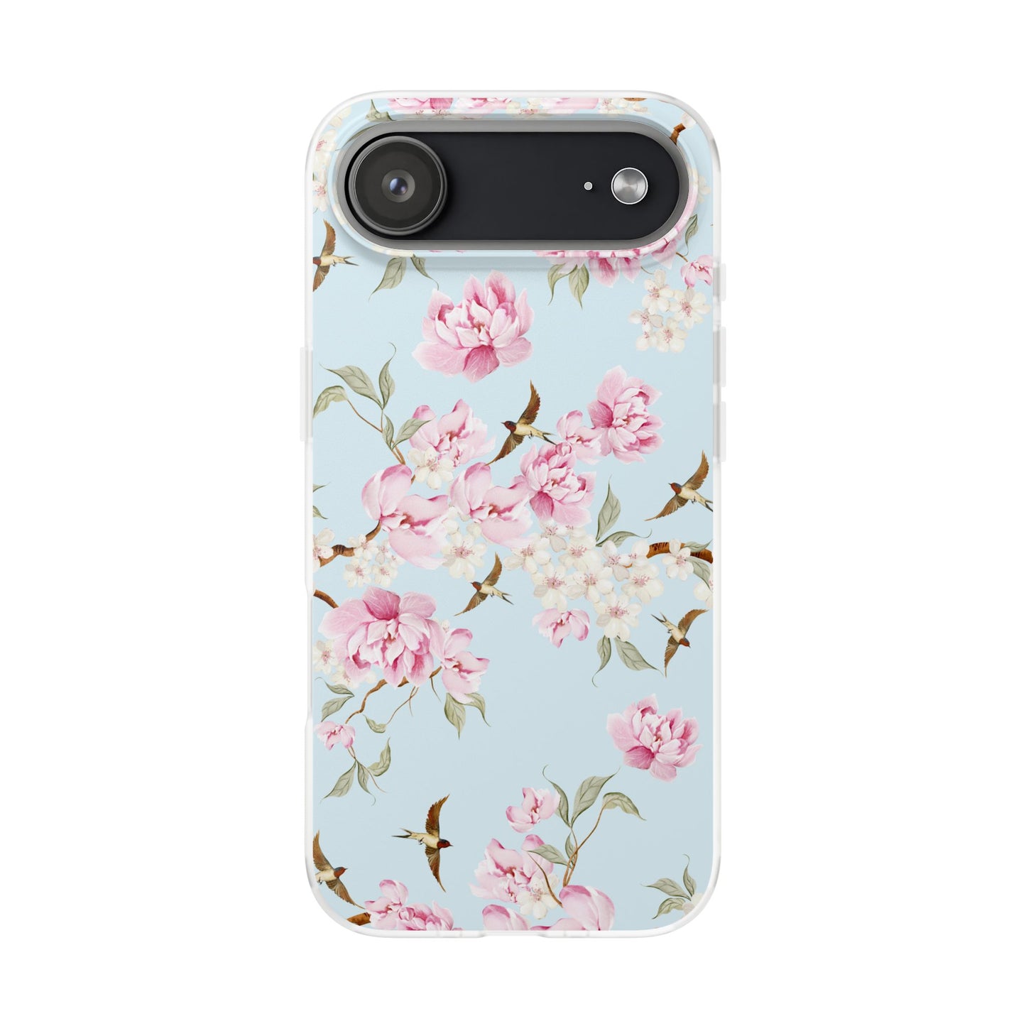Floral Cherry Blossom Flexi Phone Case - Pink Blossoms on Sky Blue Flexible Case for Apple iPhone, Samsung Galaxy.