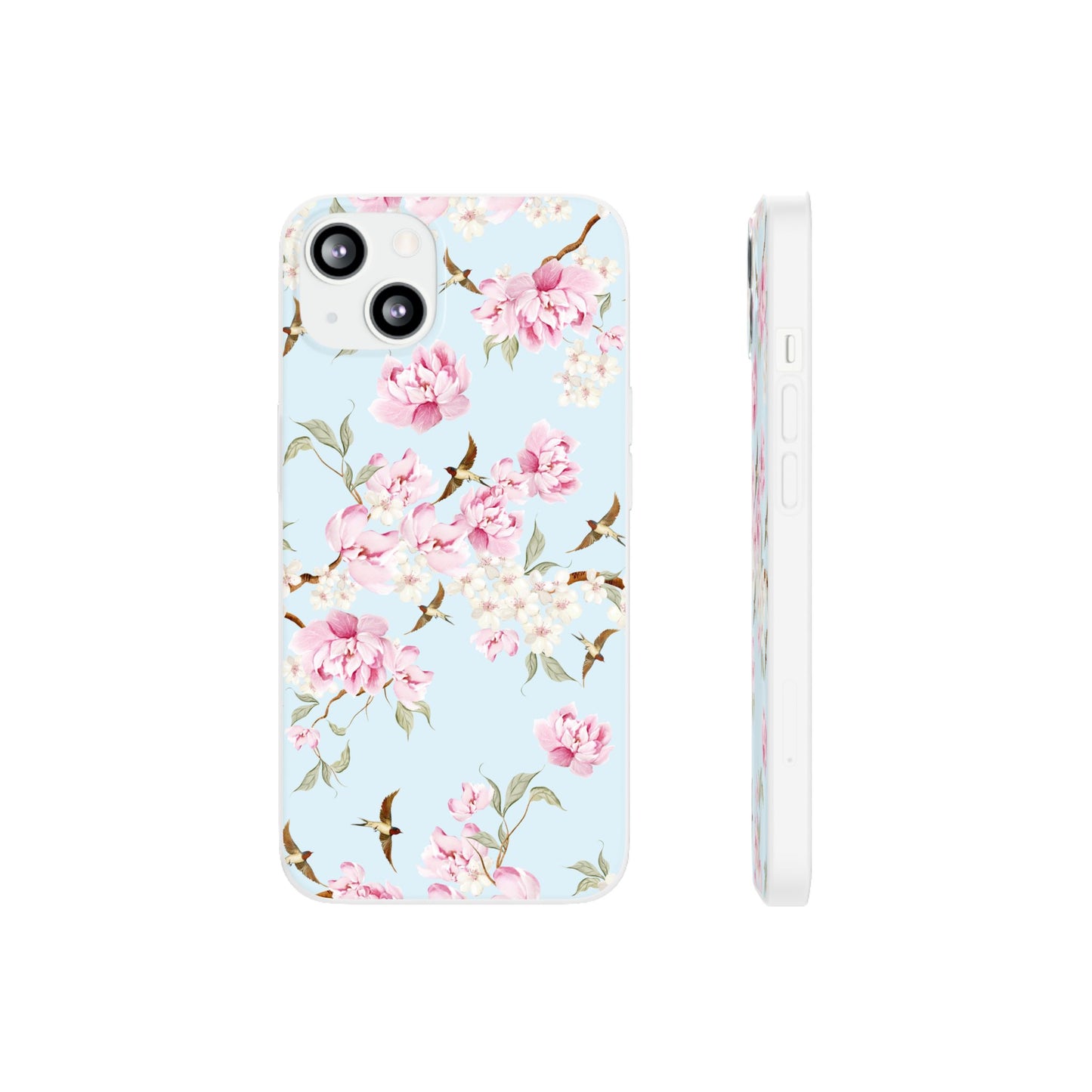 Floral Cherry Blossom Flexi Phone Case - Pink Blossoms on Sky Blue Flexible Case for Apple iPhone, Samsung Galaxy.