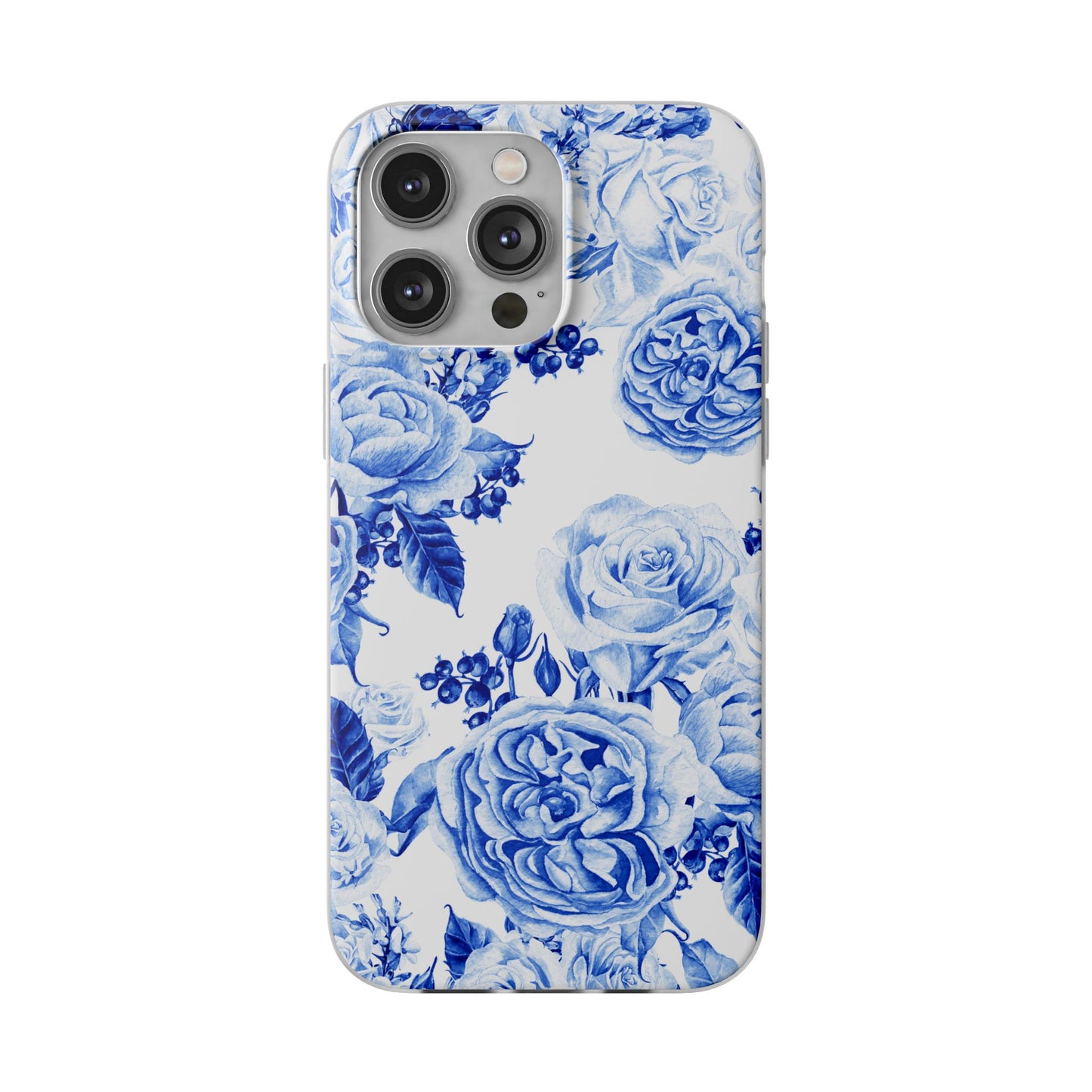 Blue Floral Phone Case — Hand-Painted Rose Pattern Flexi Case for Apple iPhone, Samsung Galaxy and Google Pixel.