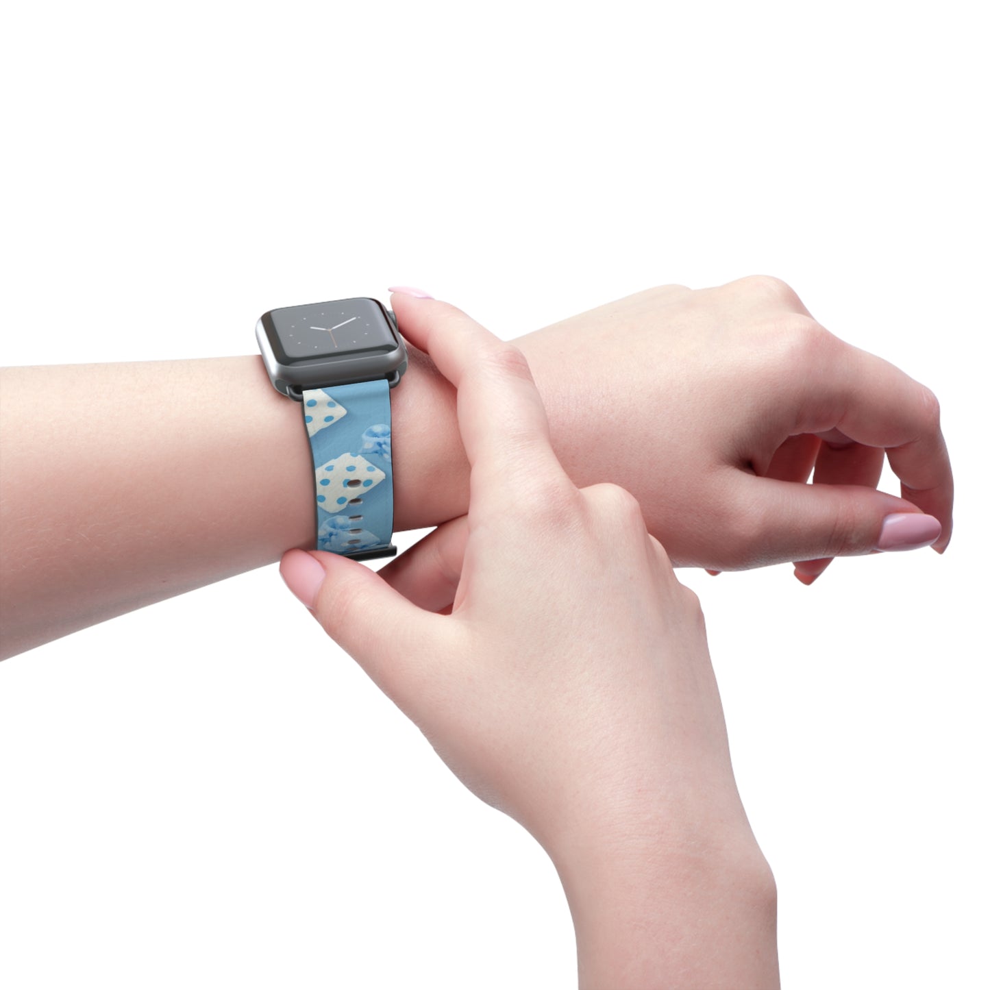 Apple Watch strap in pastel blue candy style, colorful accessory for everyday wear, faux-leather band with steel buckle