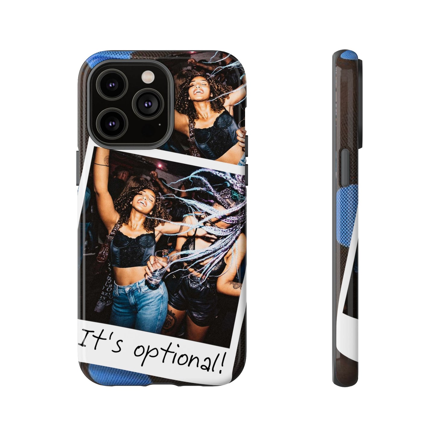 Two Image Personalised Polaroid Photo on Blue Polka Dot Protective Tough Case for Apple iPhone, Samsung Galaxy and Google Pixel.