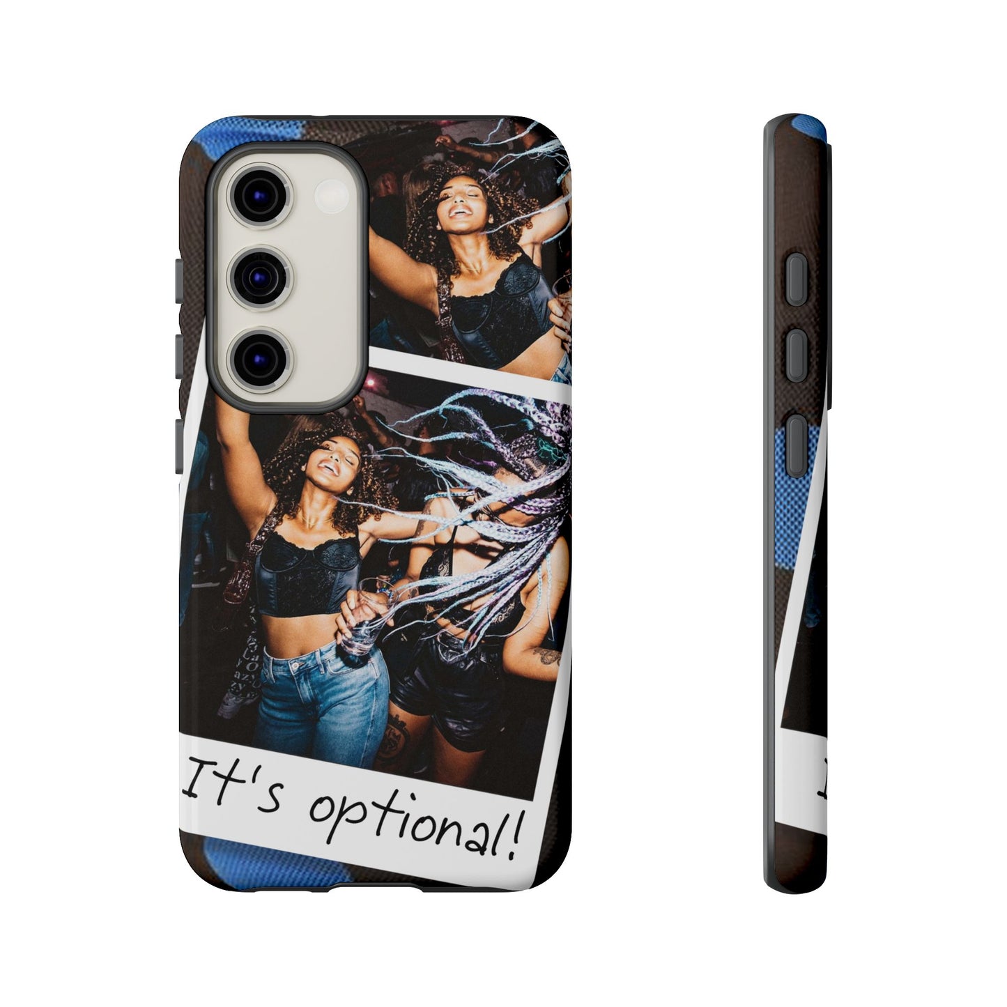 Two Image Personalised Polaroid Photo on Blue Polka Dot Protective Tough Case for Apple iPhone, Samsung Galaxy and Google Pixel.