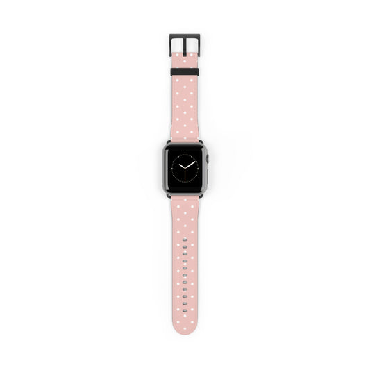 Apple Watch band in soft pink with white polka dots, cute watch band for women, floral-inspired silicone strap