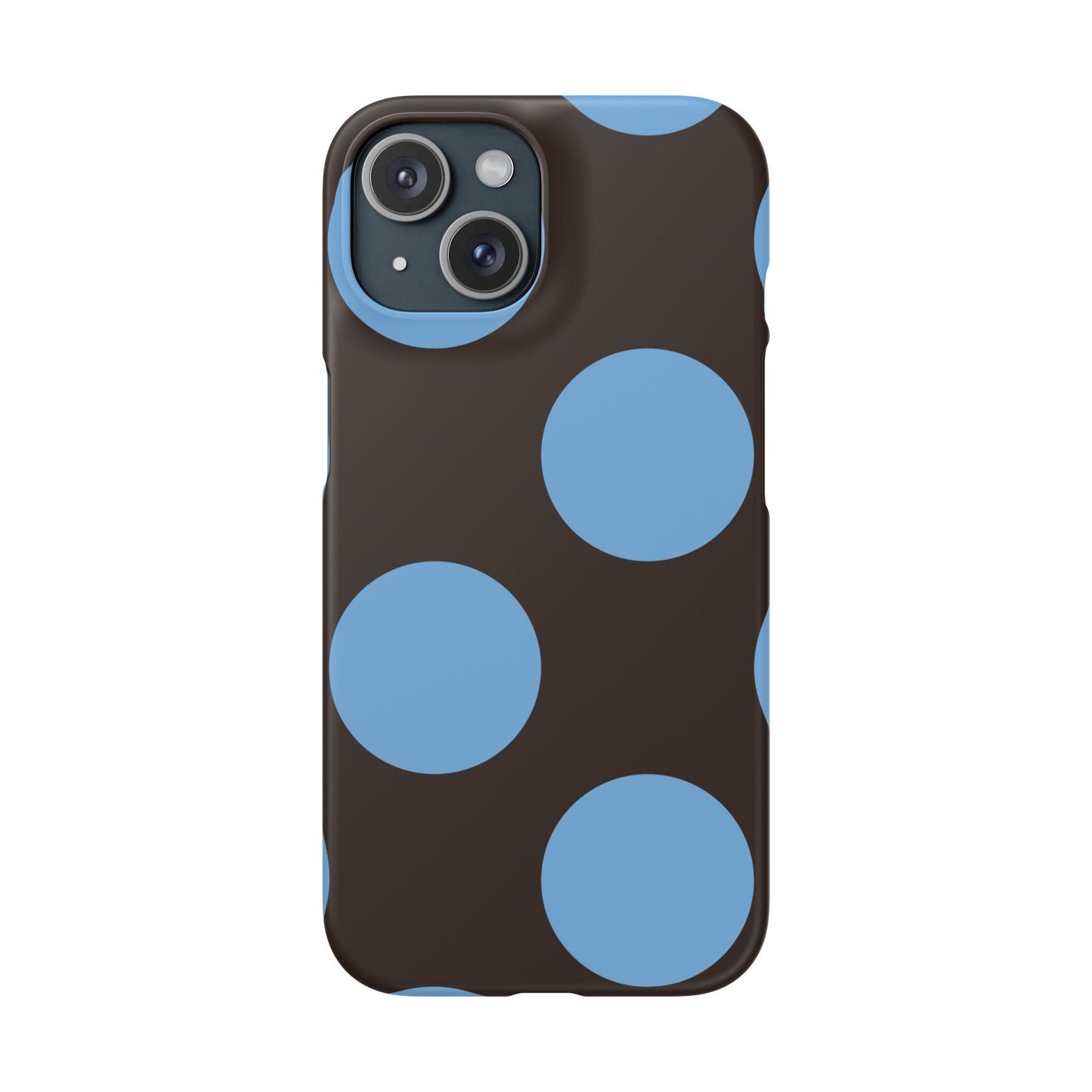 Matte Black with Large Sky Blue Polka Dots Slim Phone Case for Apple iPhone, Samsung Galaxy and Google Pixel.