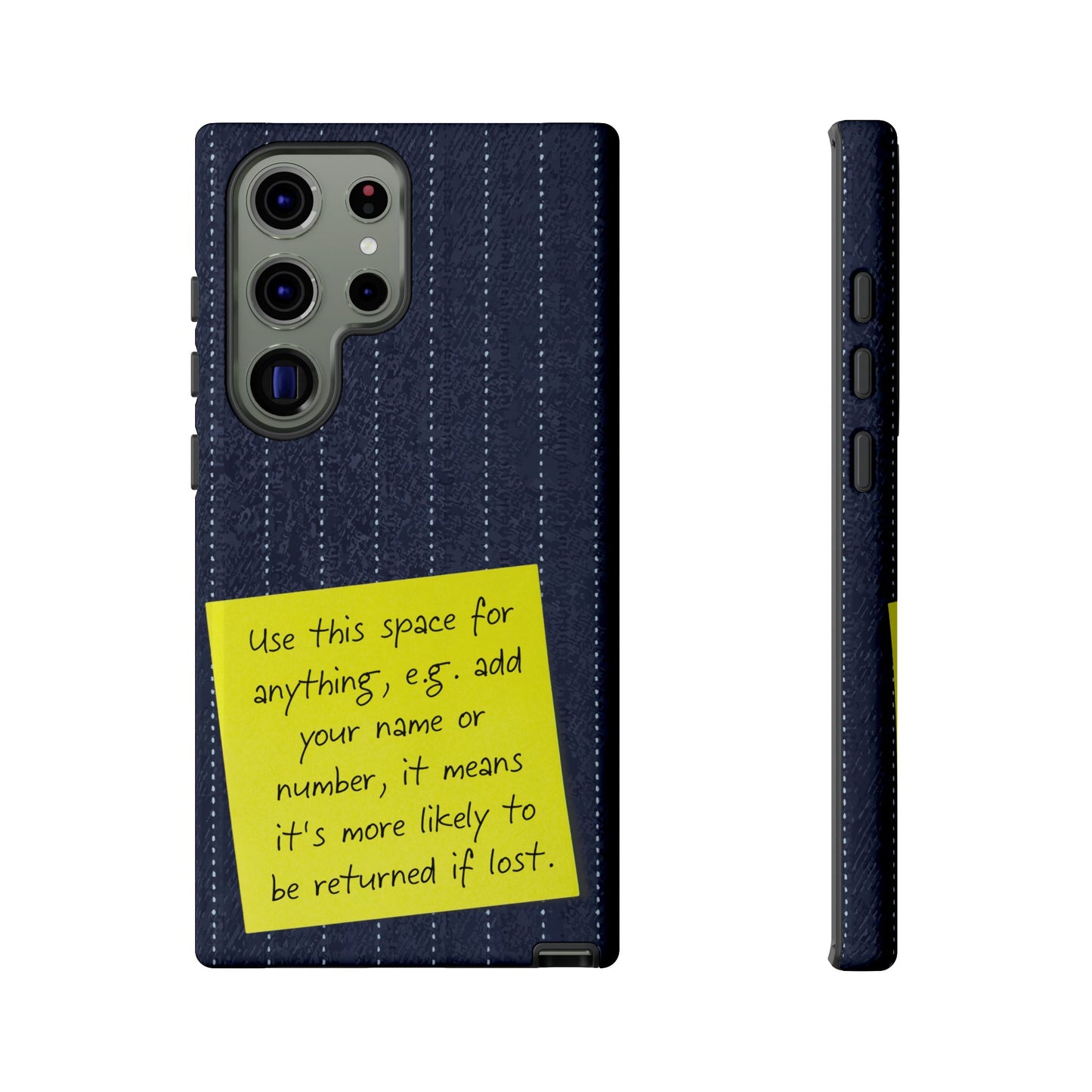 Navy Pinstripe Design with Yellow Sticky Note Personalised Tough Phone Case for Apple iPhone, Samsung Galaxy and Google Pixel.
