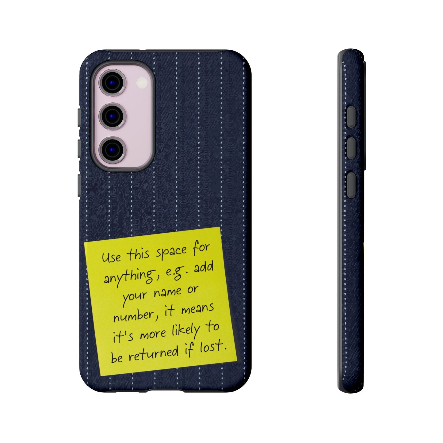 Navy Pinstripe Design with Yellow Sticky Note Personalised Tough Phone Case for Apple iPhone, Samsung Galaxy and Google Pixel.