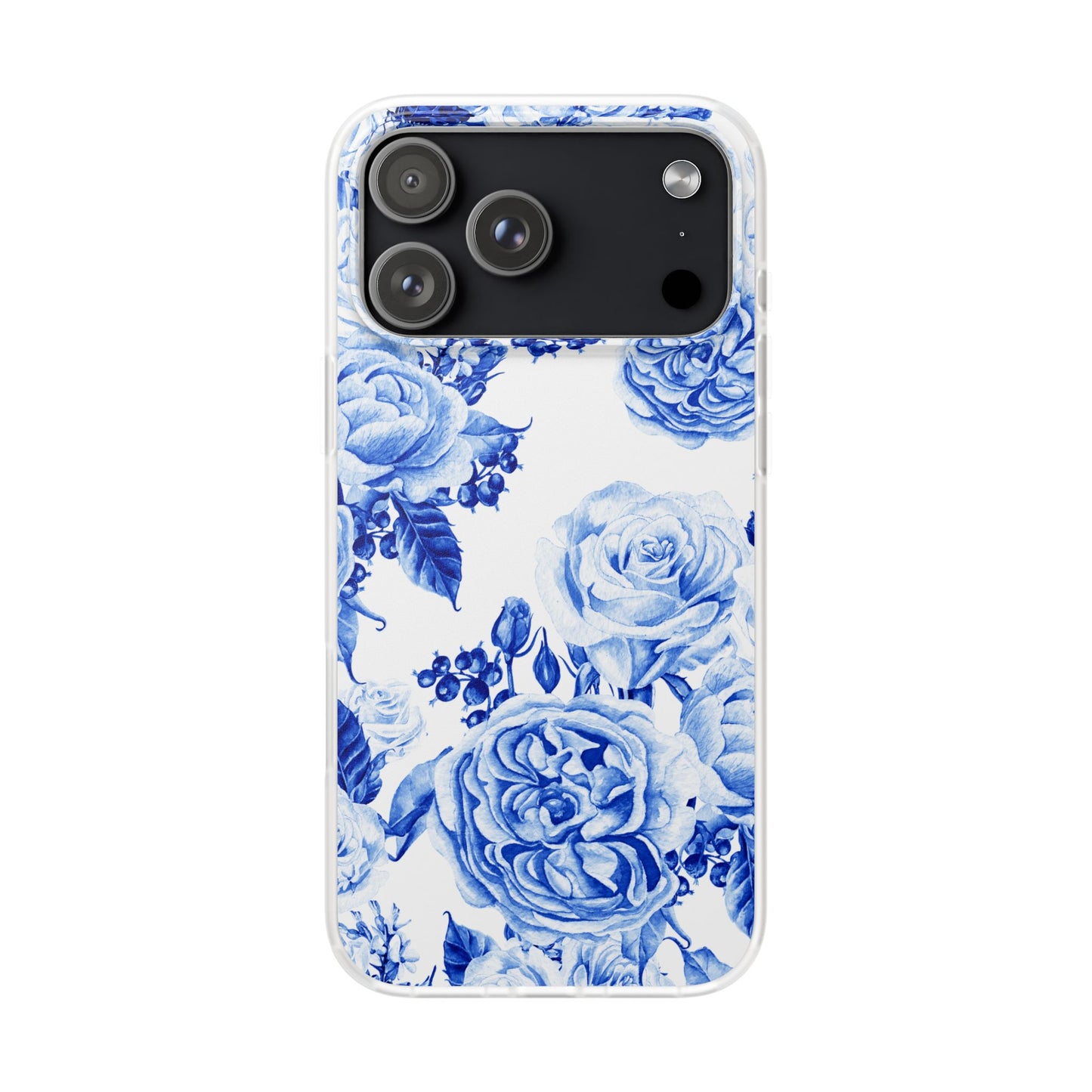 Blue Floral Phone Case — Hand-Painted Rose Pattern Flexi Case for Apple iPhone, Samsung Galaxy and Google Pixel.