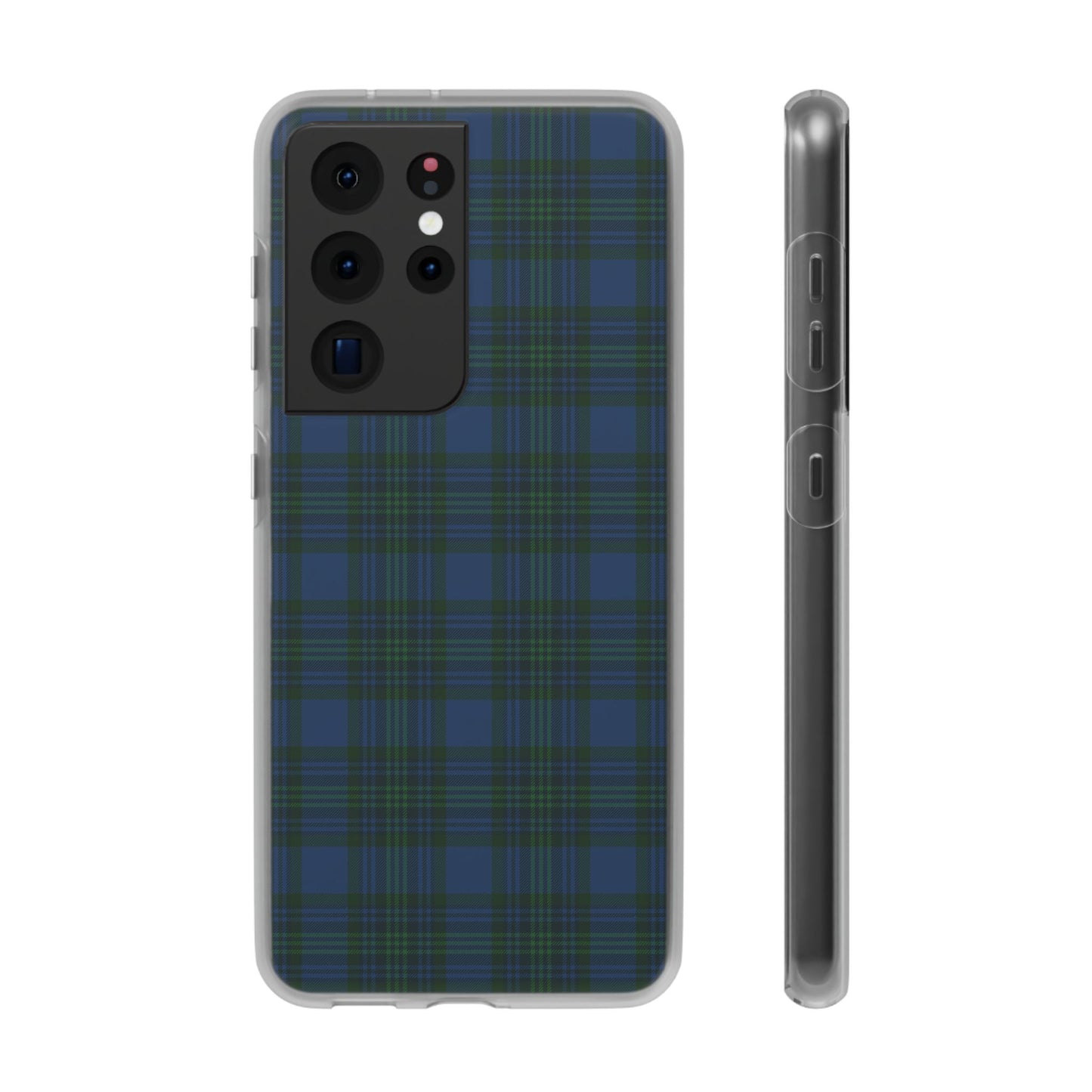 Navy green tartan phone case with flexible plaid design, slim shock-absorbing TPU, semi-transparent matte finish