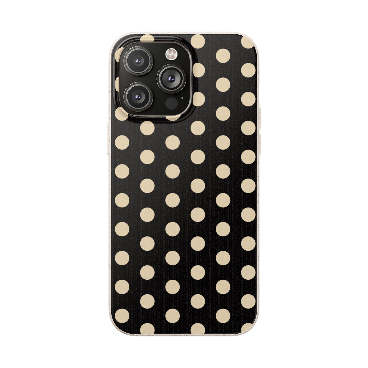 Eco-Friendly Black & Cream Polka Dot Pattern Biodegradable Phone Case for Apple iPhone and Samsung Galaxy.