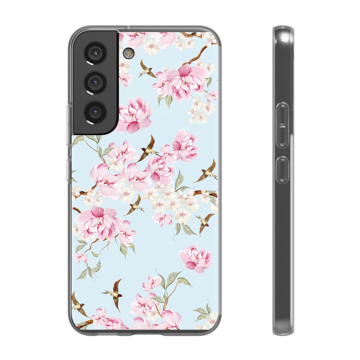 Floral Cherry Blossom Flexi Phone Case - Pink Blossoms on Sky Blue Flexible Case for Apple iPhone, Samsung Galaxy.