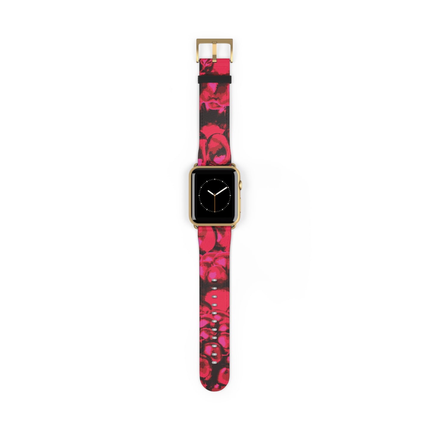 Apple Watch band in pink blackberries pattern, stylish faux-leather accessory, perfect gift for her, stainless steel buckle