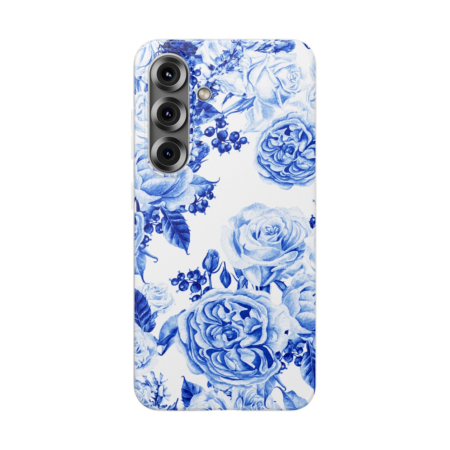 Blue Floral Phone Case — Hand-Painted Rose Pattern Flexi Case for Apple iPhone, Samsung Galaxy and Google Pixel.