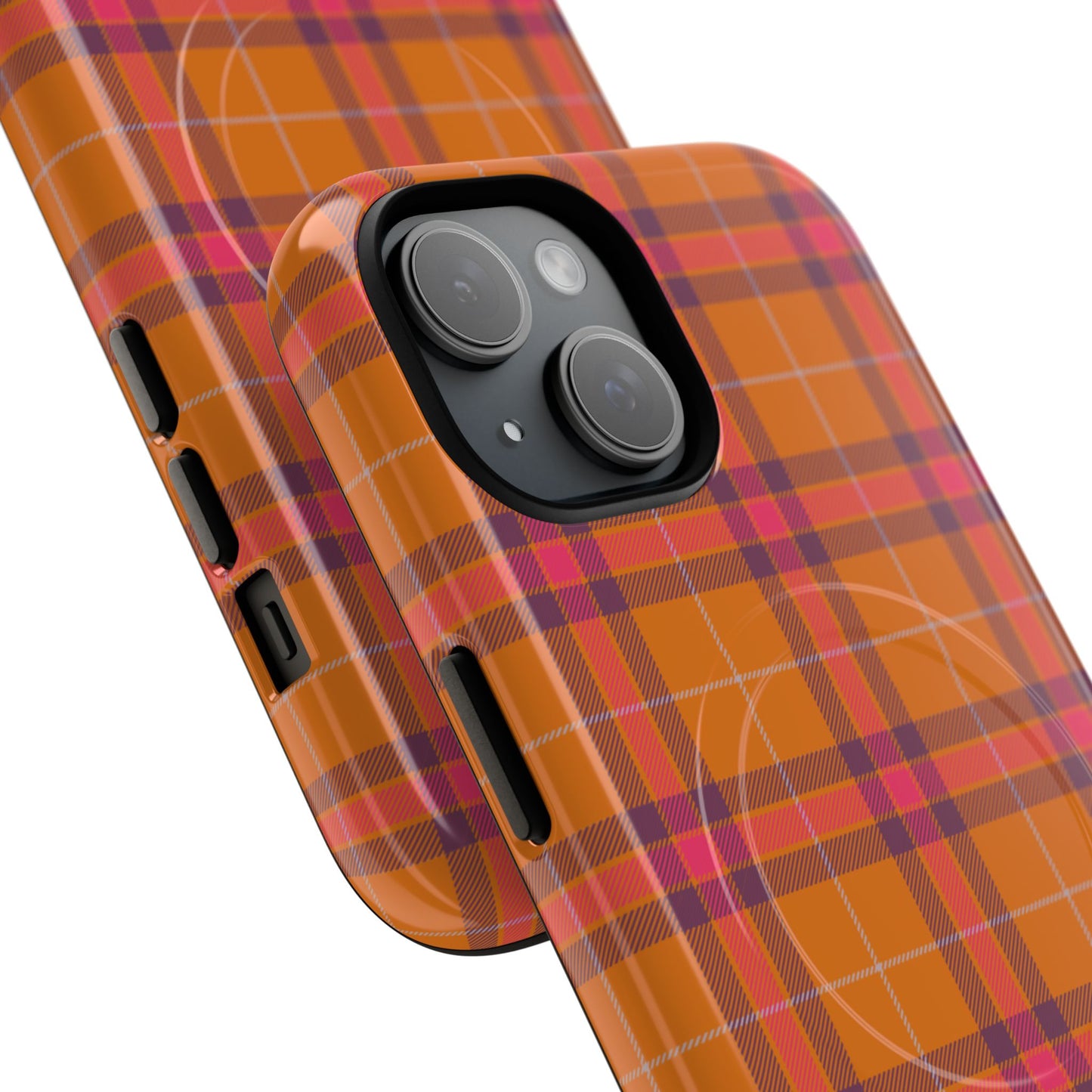 Tartan Magnetic Phone Case — Orange and Red Plaid Tough Protective MagSafe Case