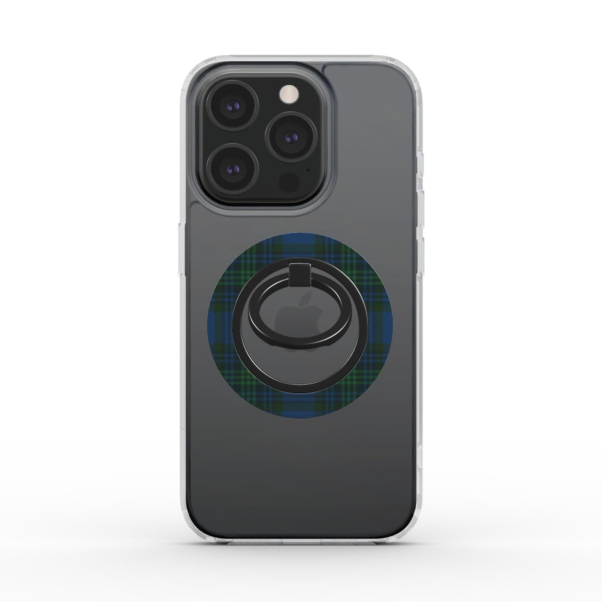 magnetic ring holder in blue and green tartan design, ergonomic phone holder ring with 360° rotation and strong adhesion