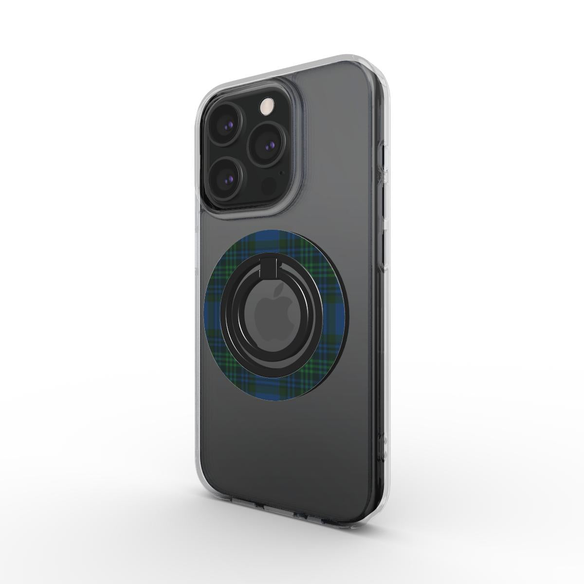magnetic ring holder in blue and green tartan design, ergonomic phone holder ring with 360° rotation and strong adhesion
