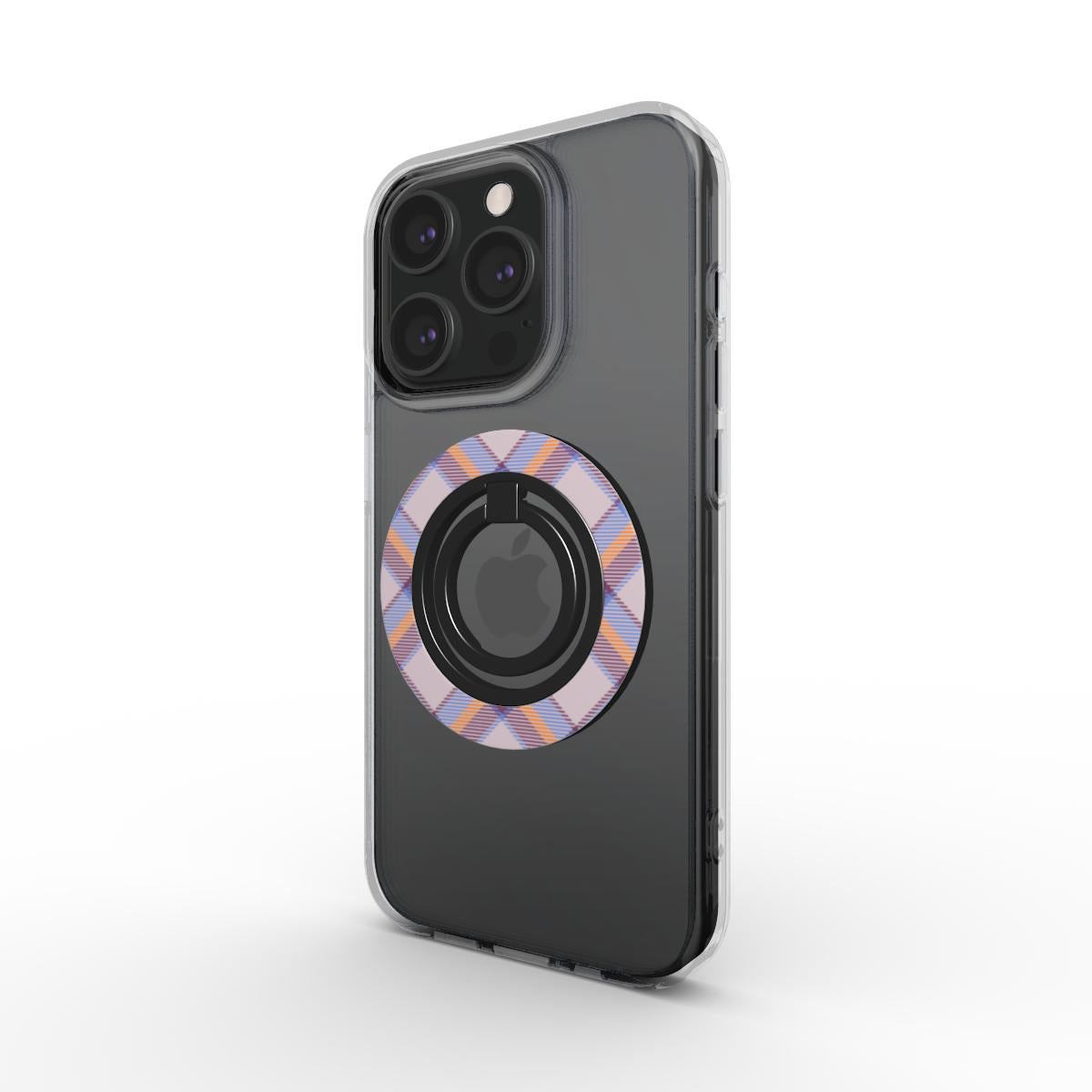 Orange and Violet Tartan Ring Holder with magnetic ring holder, ergonomic grip, and 360° rotation for secure phone use